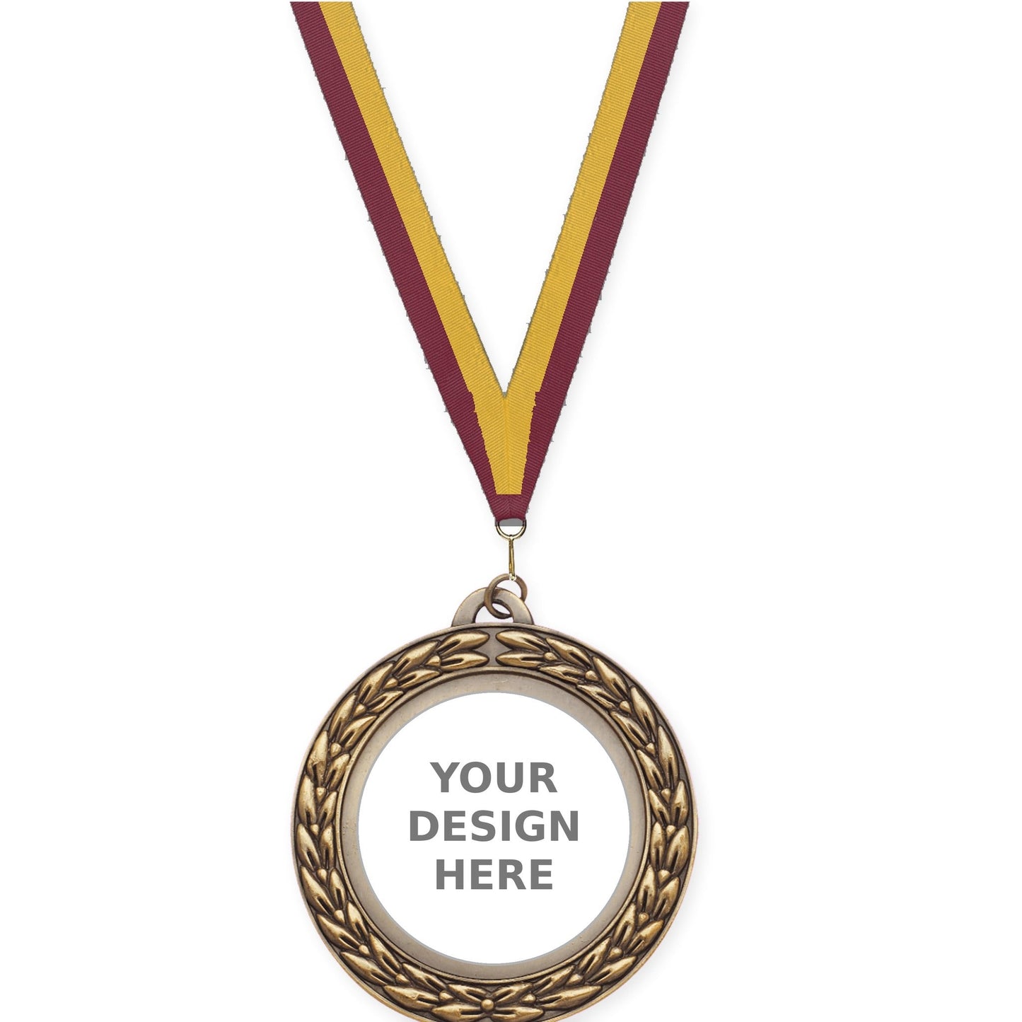 2 3/4 inch Victory Wreath insert medal in antique gold with Maroon Gold neck ribbon