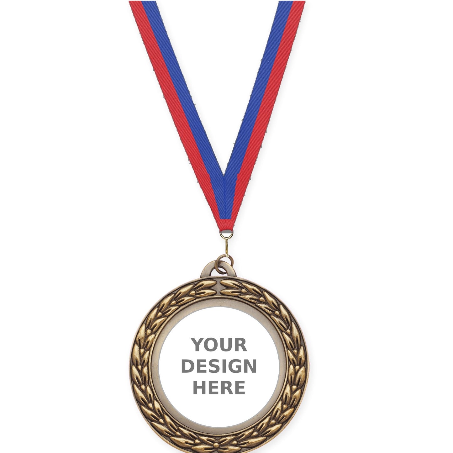 2 3/4 inch Victory Wreath insert medal in antique gold with Blue Red neck ribbon