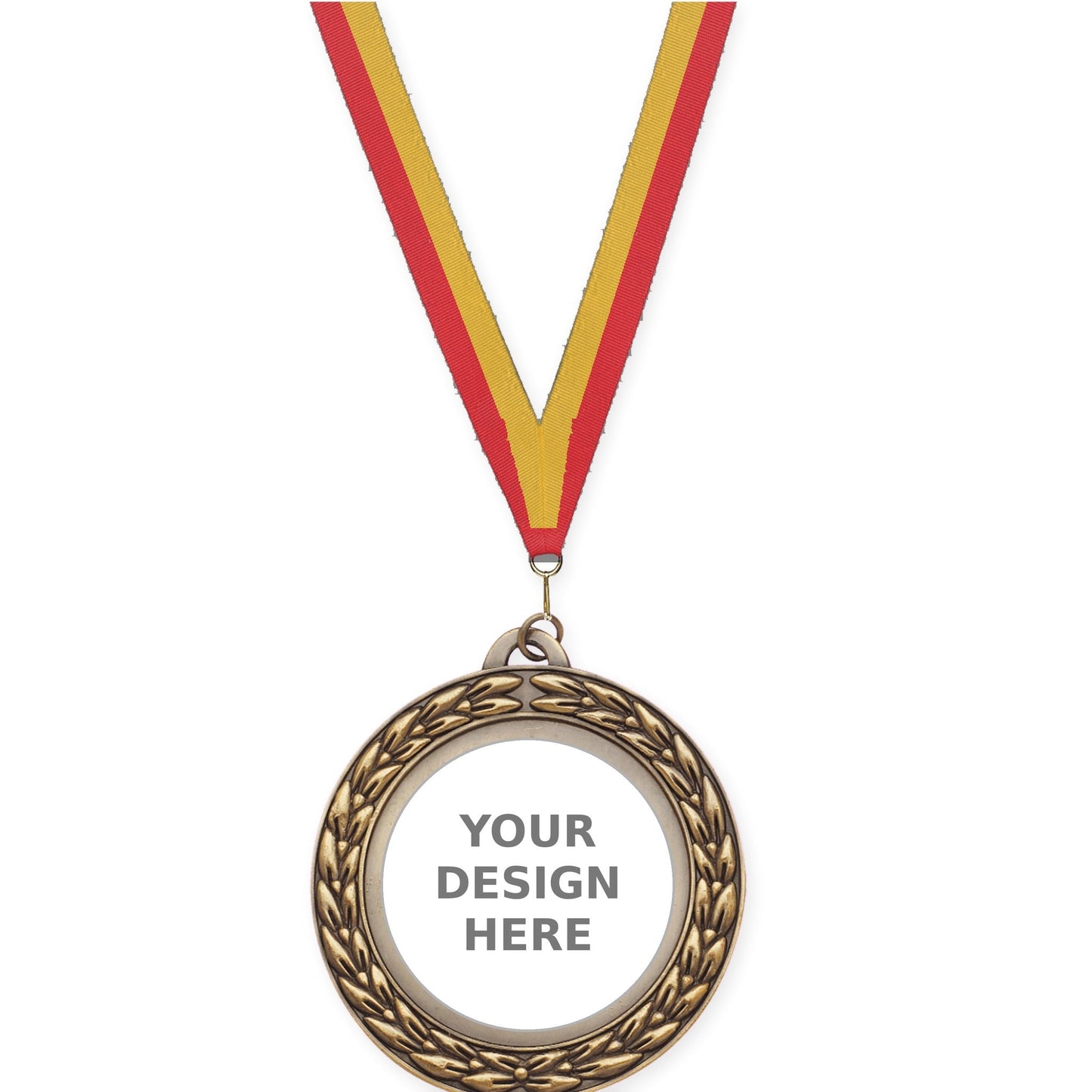 2 3/4 inch Victory Wreath insert medal in antique gold with Red Gold neck ribbon