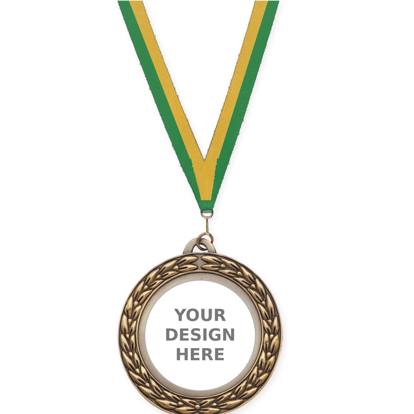2 3/4 inch Victory Wreath insert medal in antique gold with Green Gold neck ribbon