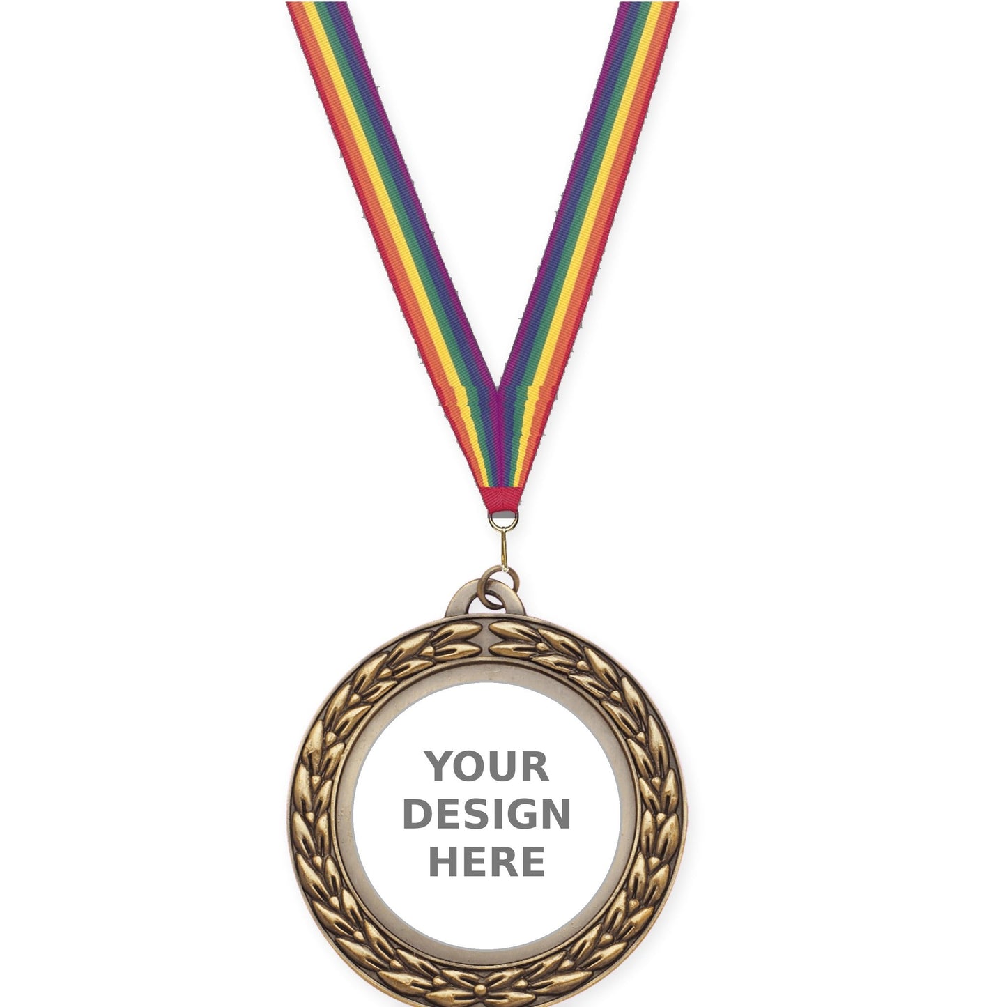 2 3/4 inch Victory Wreath insert medal in antique gold with Rainbow neck ribbon