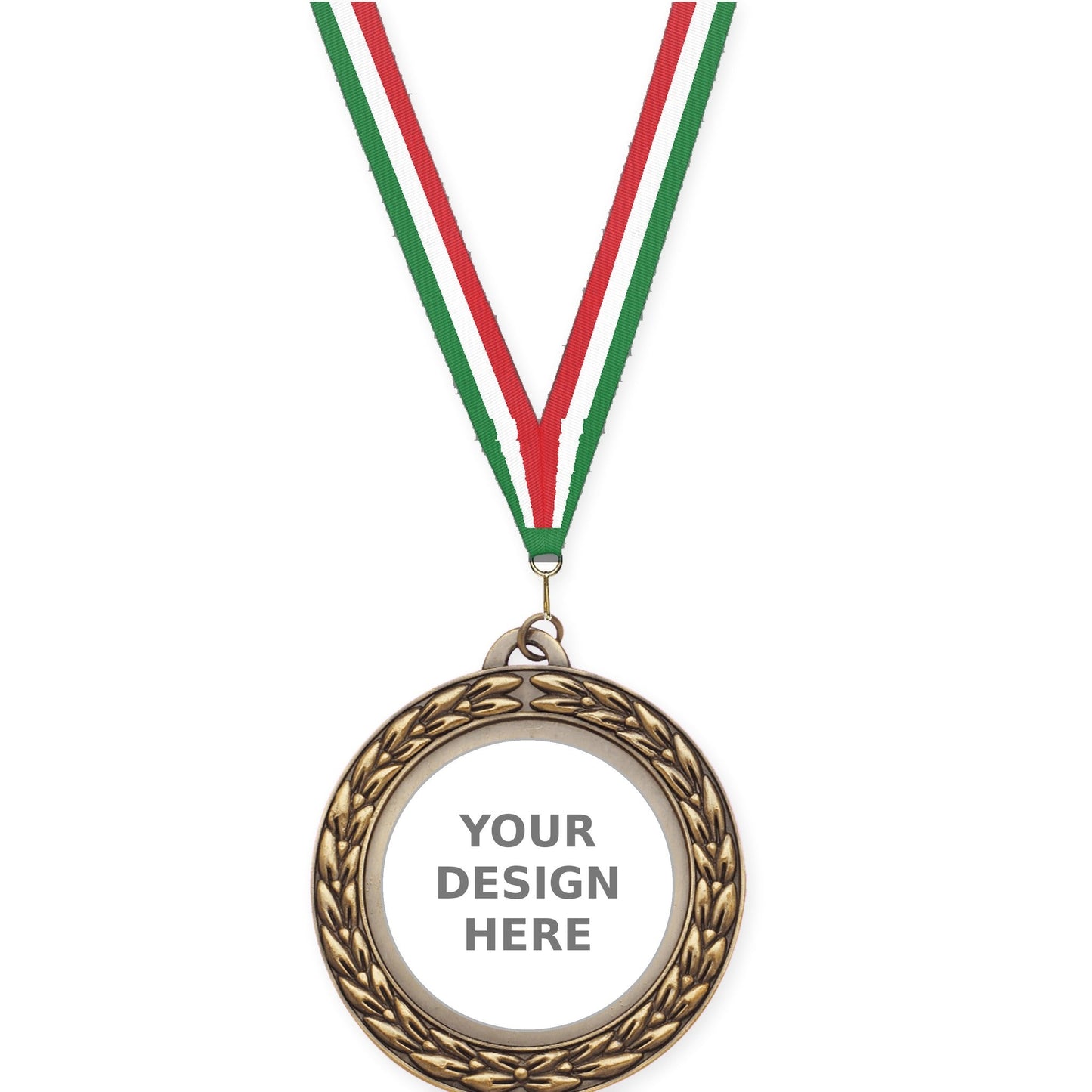 2 3/4 inch Victory Wreath insert medal in antique gold with Green White Red neck ribbon