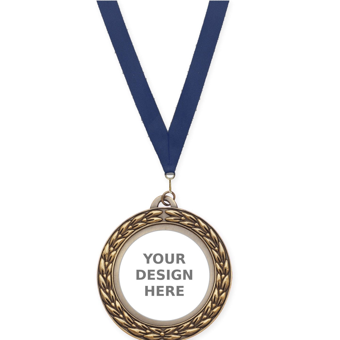 2 3/4 inch Victory Wreath insert medal in antique gold with Navy neck ribbon
