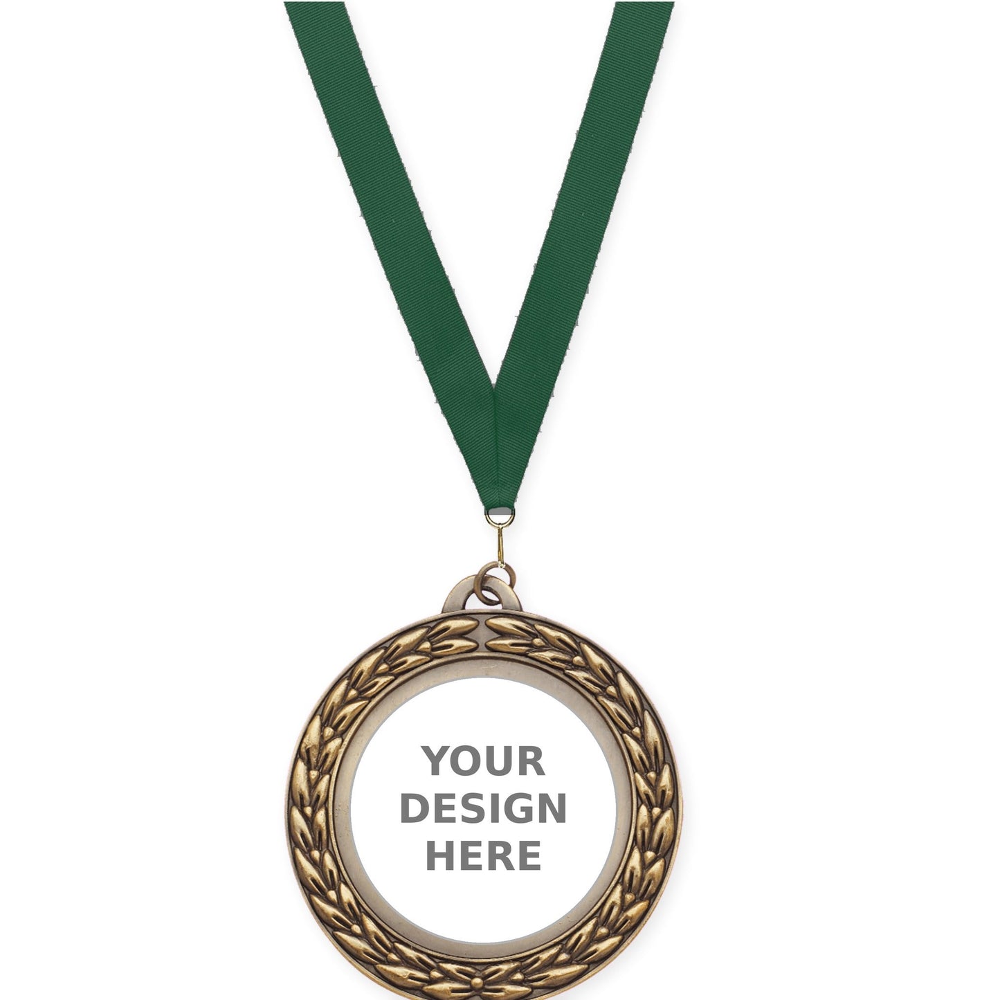 2 3/4 inch Victory Wreath insert medal in antique gold with Hunter Green neck ribbon