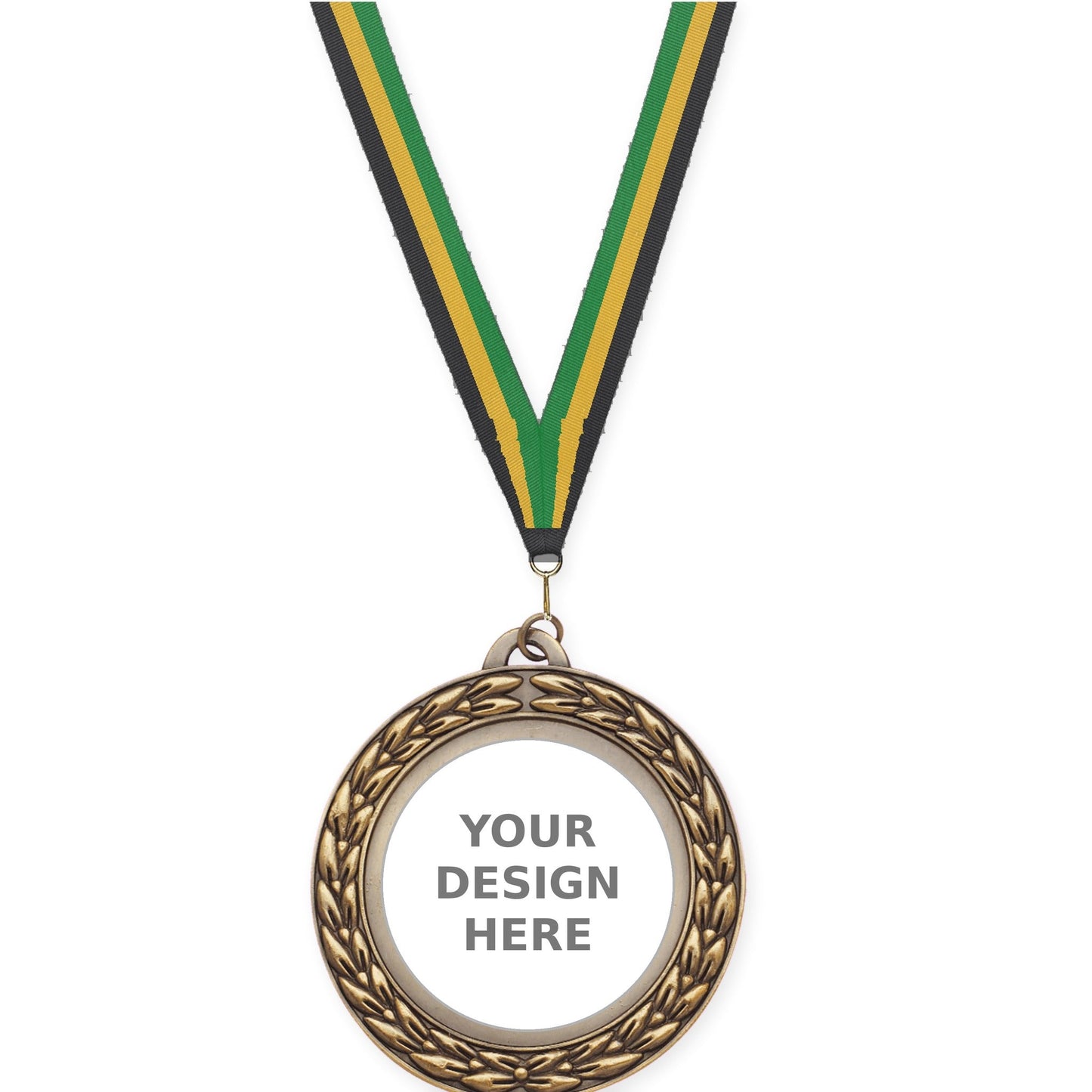 2 3/4 inch Victory Wreath insert medal in antique gold with Black Gold Green neck ribbon