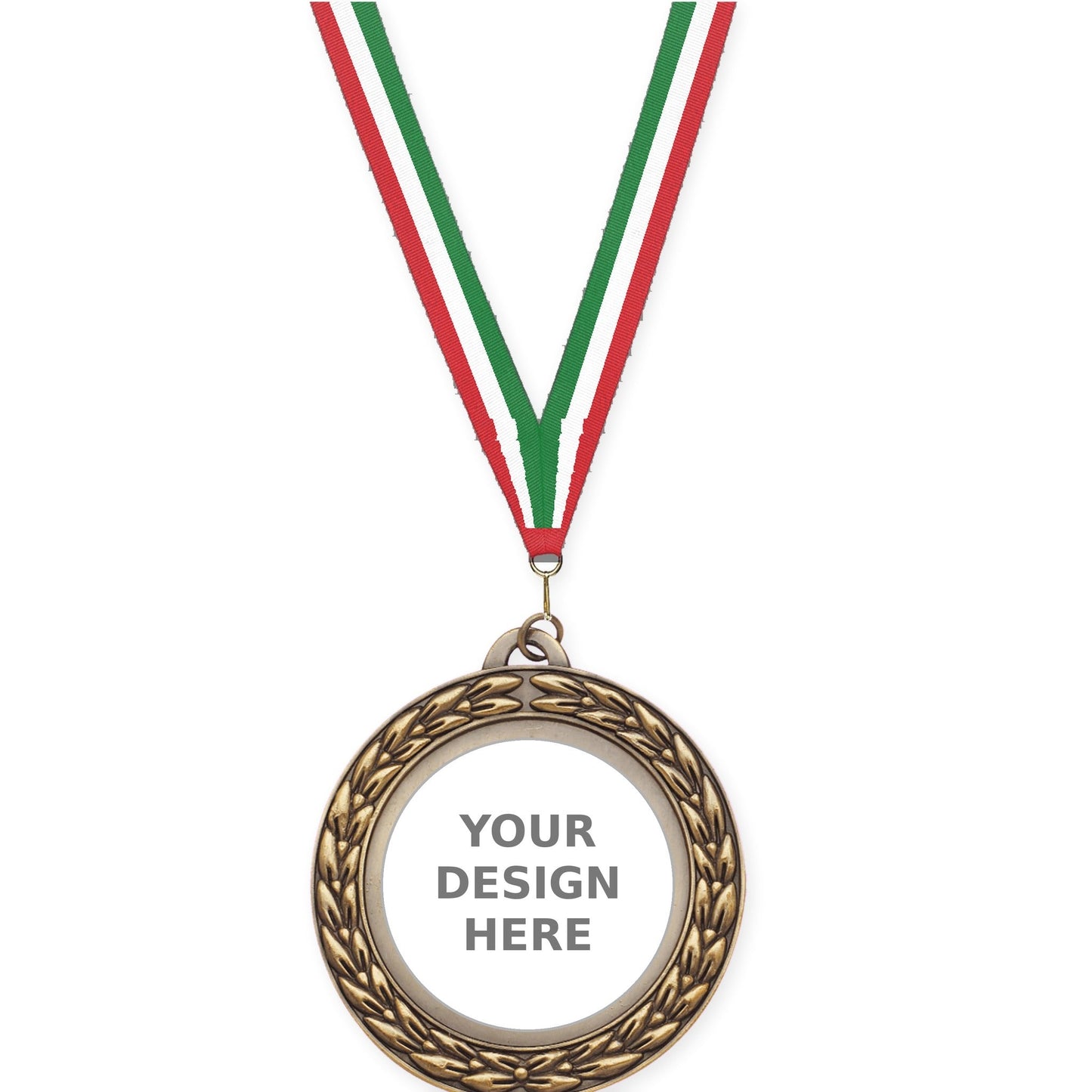 2 3/4 inch Victory Wreath insert medal in antique gold with Red White Green neck ribbon