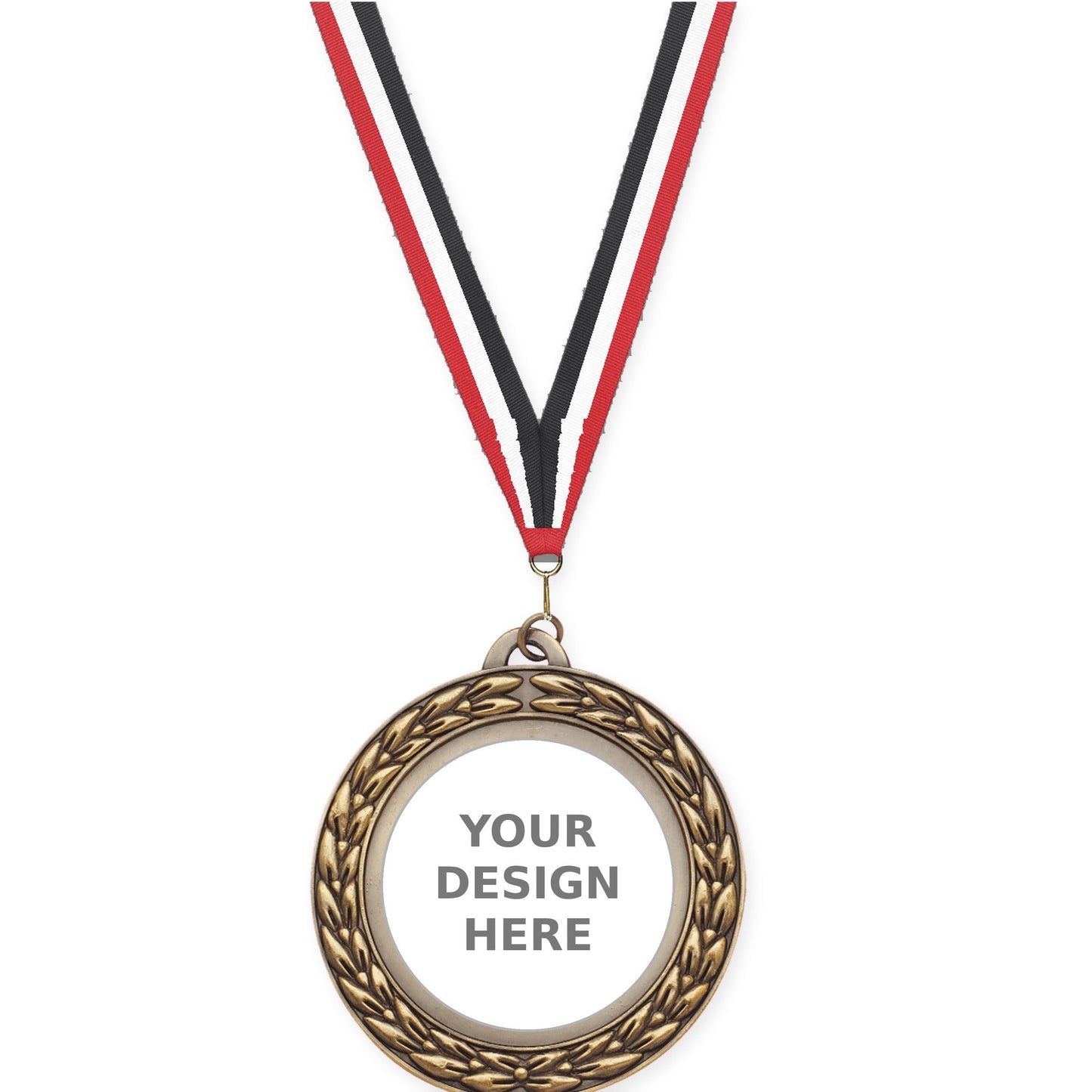 2 3/4 inch Victory Wreath insert medal in antique gold with Red White Black neck ribbon