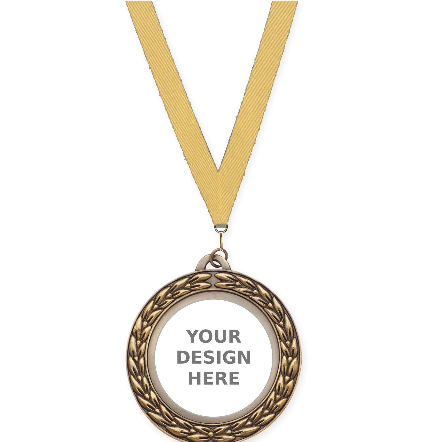 2 3/4 inch Victory Wreath insert medal in antique gold with Gold Metallic neck ribbon