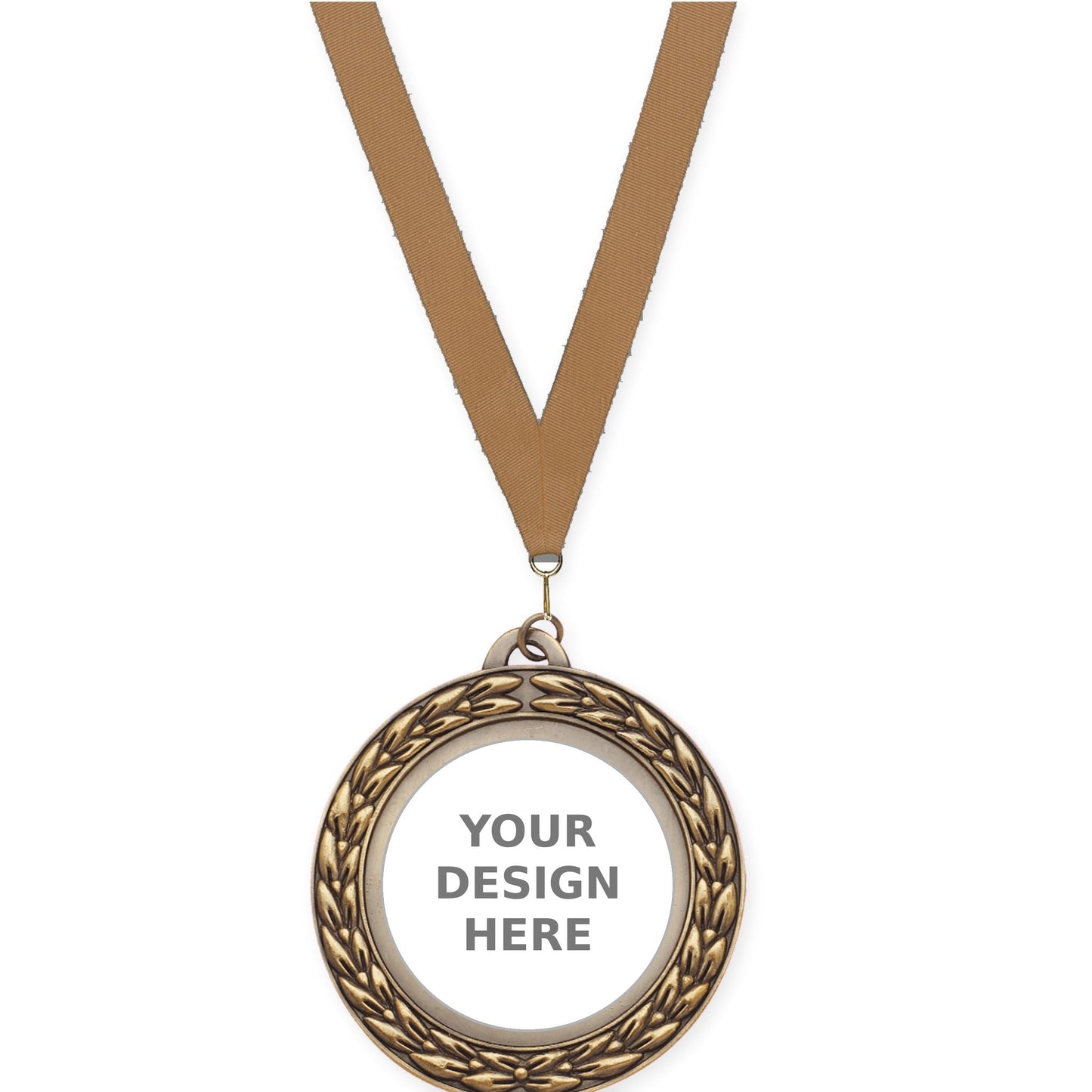 2 3/4 inch Victory Wreath insert medal in antique gold with Bronze Metallic neck ribbon