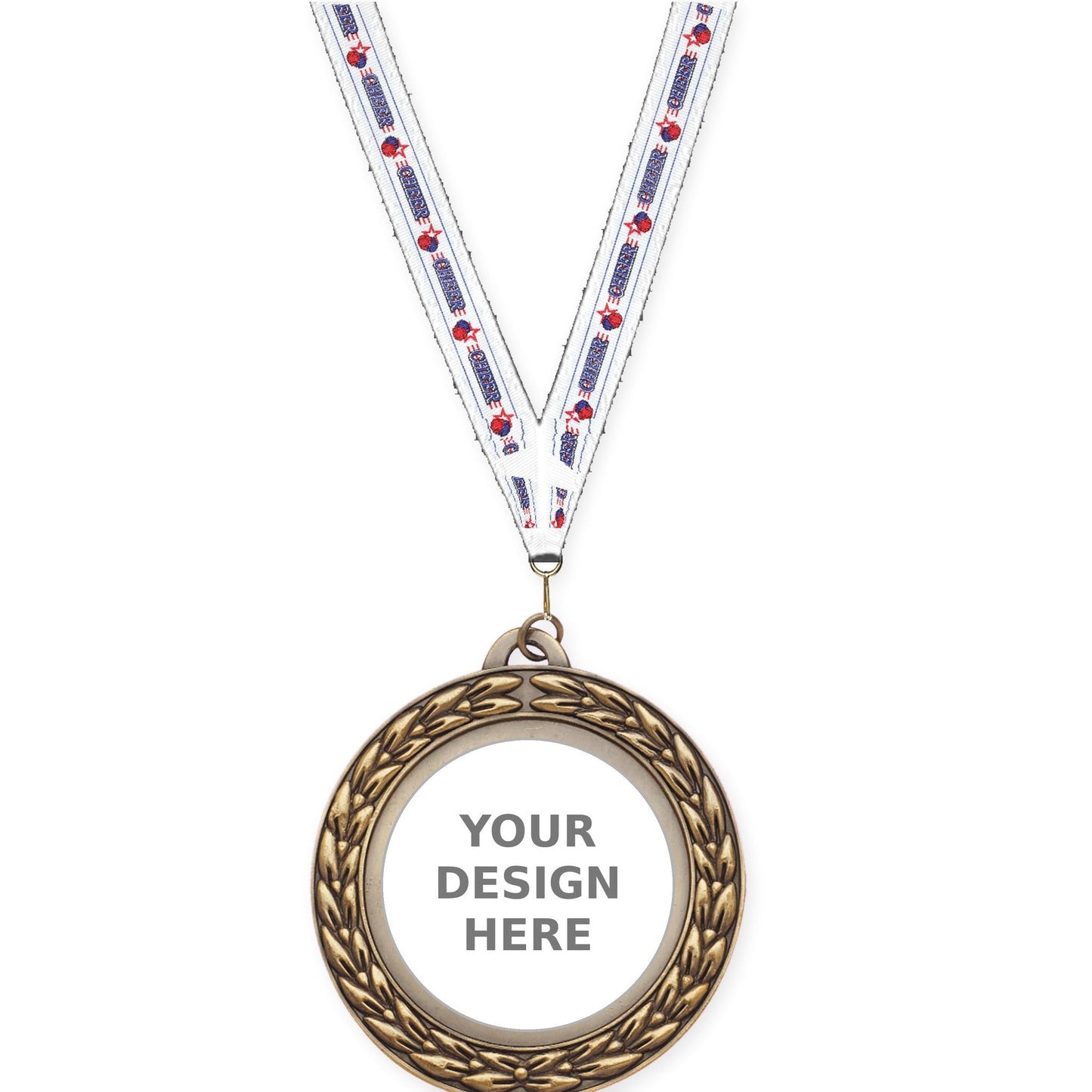 2 3/4 inch Victory Wreath insert medal in antique gold with Cheerleading neck ribbon