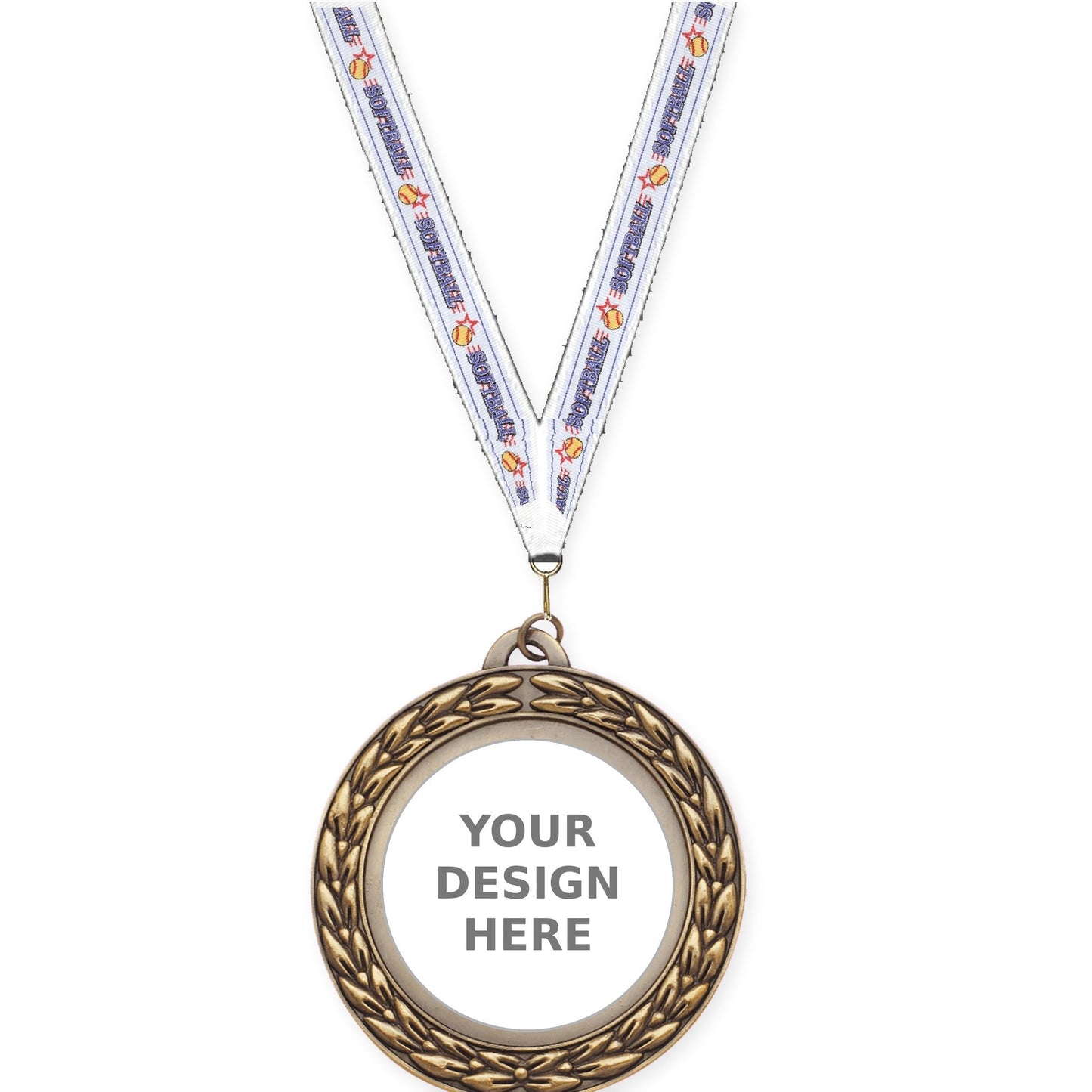 2 3/4 inch Victory Wreath insert medal in antique gold with Softball neck ribbon