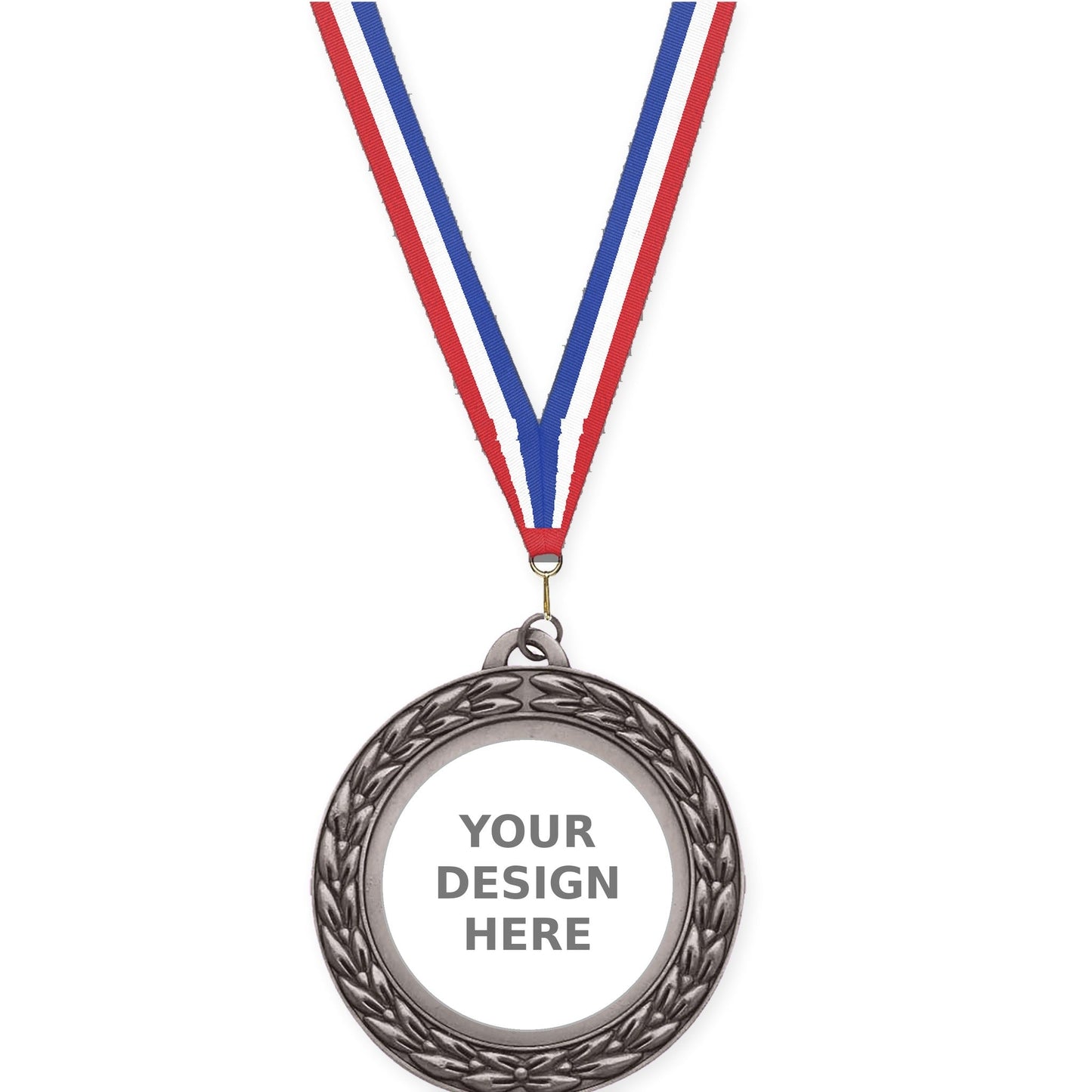 2 3/4 inch Victory Wreath insert medal in antique silver with Red White Blue neck ribbon