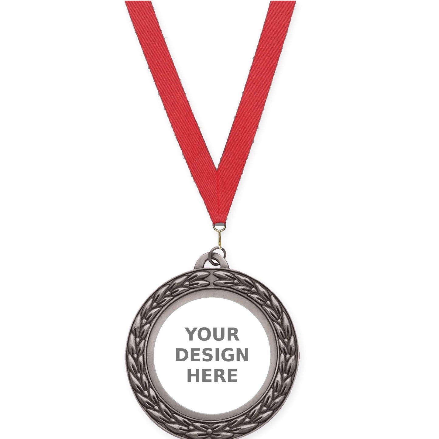 2 3/4 inch Victory Wreath insert medal in antique silver with Red neck ribbon
