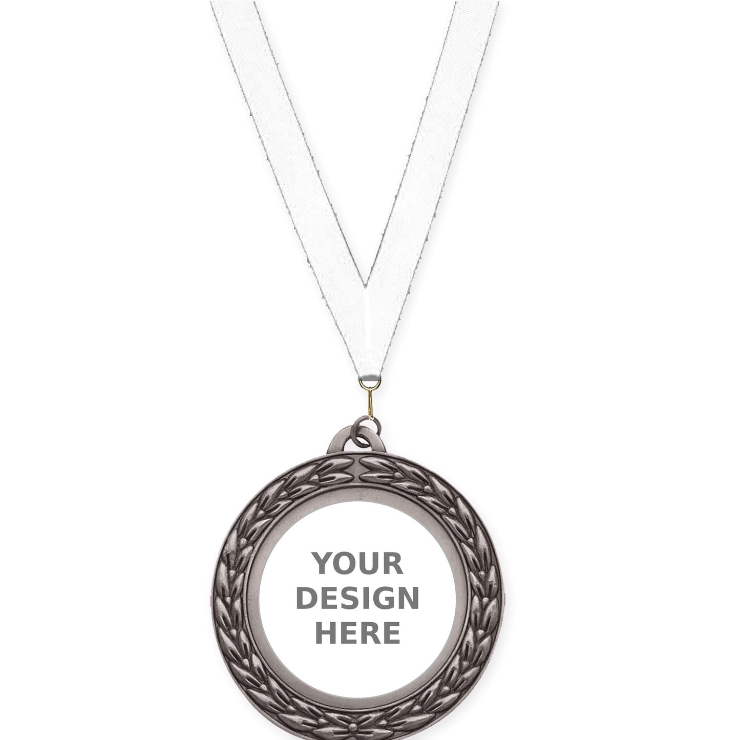 2 3/4 inch Victory Wreath insert medal in antique silver with White neck ribbon