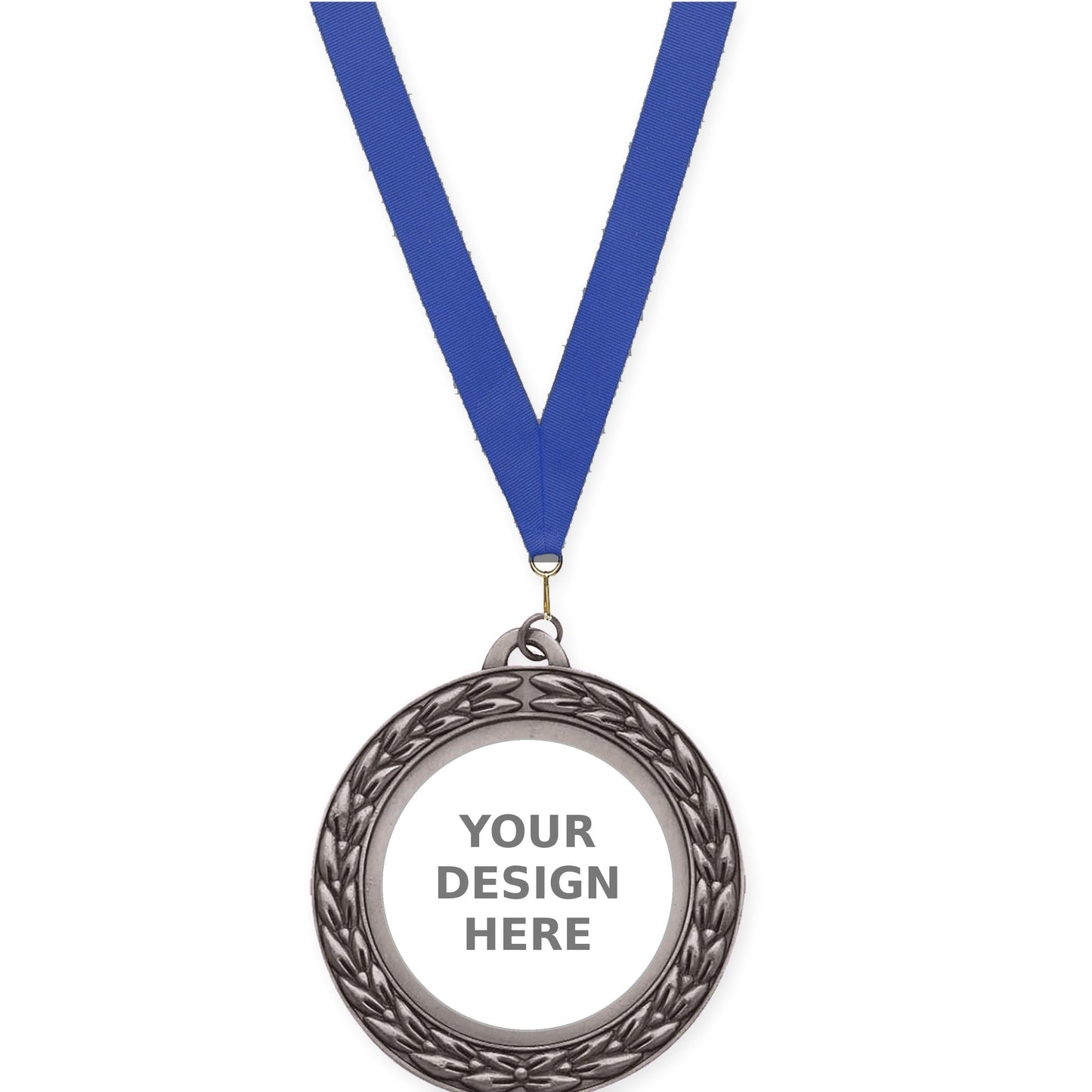 2 3/4 inch Victory Wreath insert medal in antique silver with Blue neck ribbon