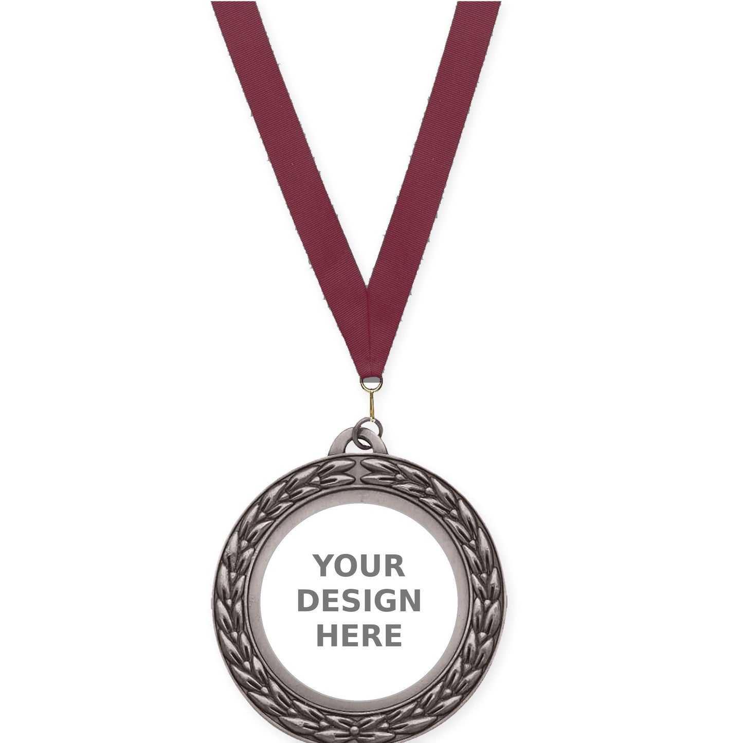 2 3/4 inch Victory Wreath insert medal in antique silver with Maroon neck ribbon