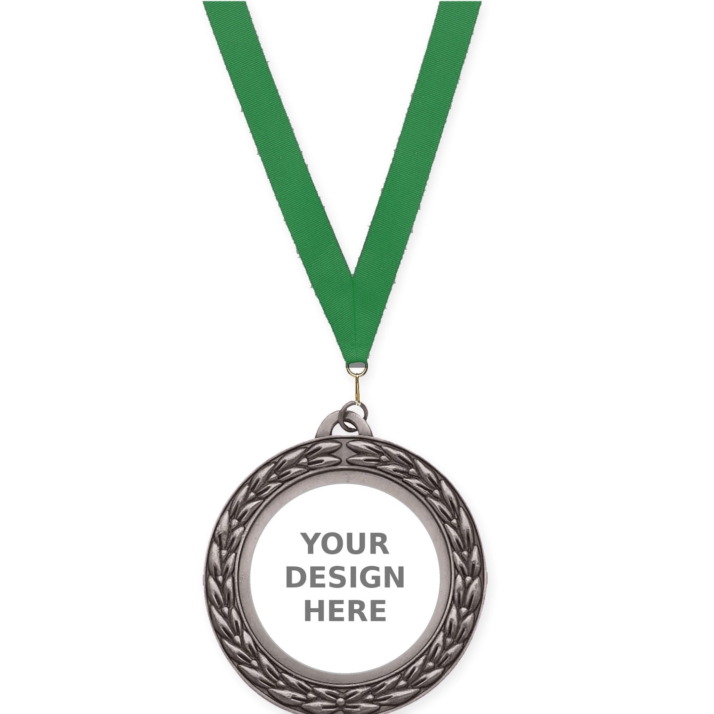 2 3/4 inch Victory Wreath insert medal in antique silver with Green neck ribbon