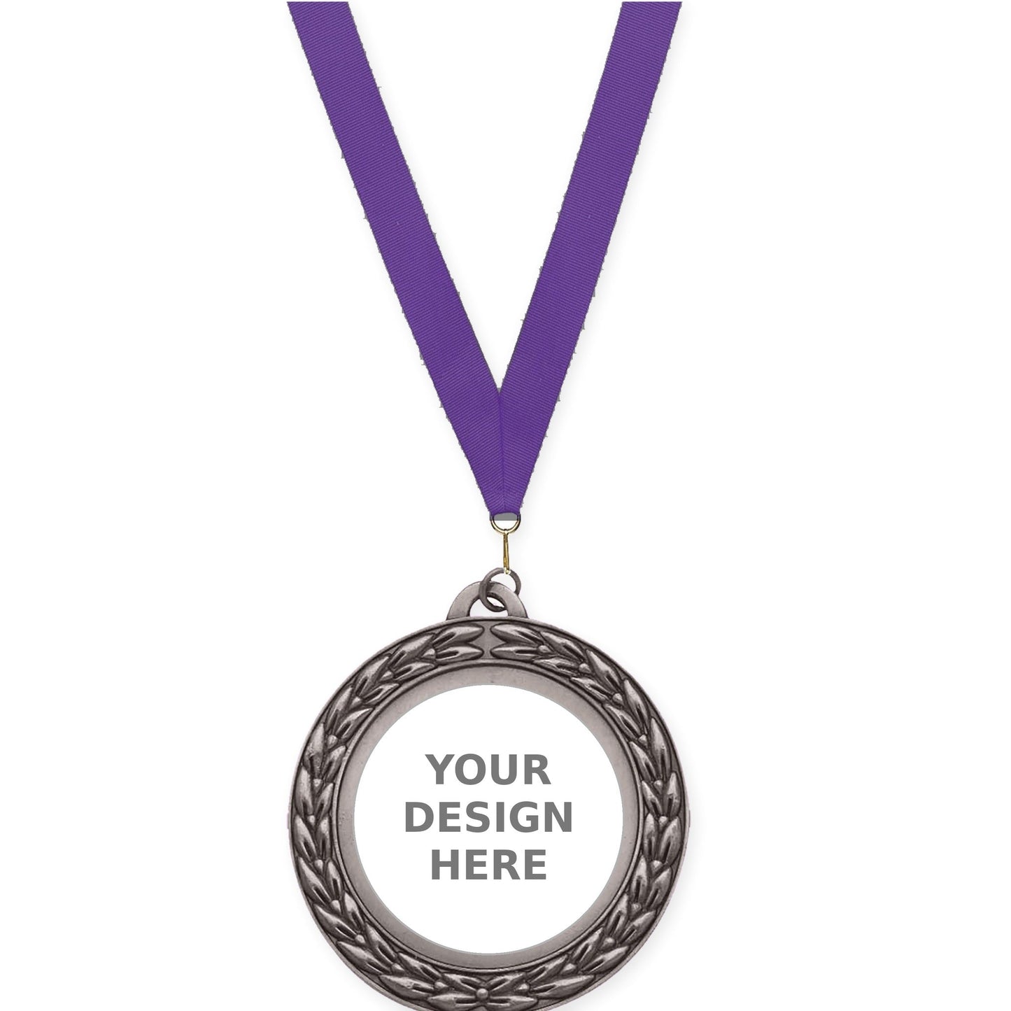 2 3/4 inch Victory Wreath insert medal in antique silver with Purple neck ribbon