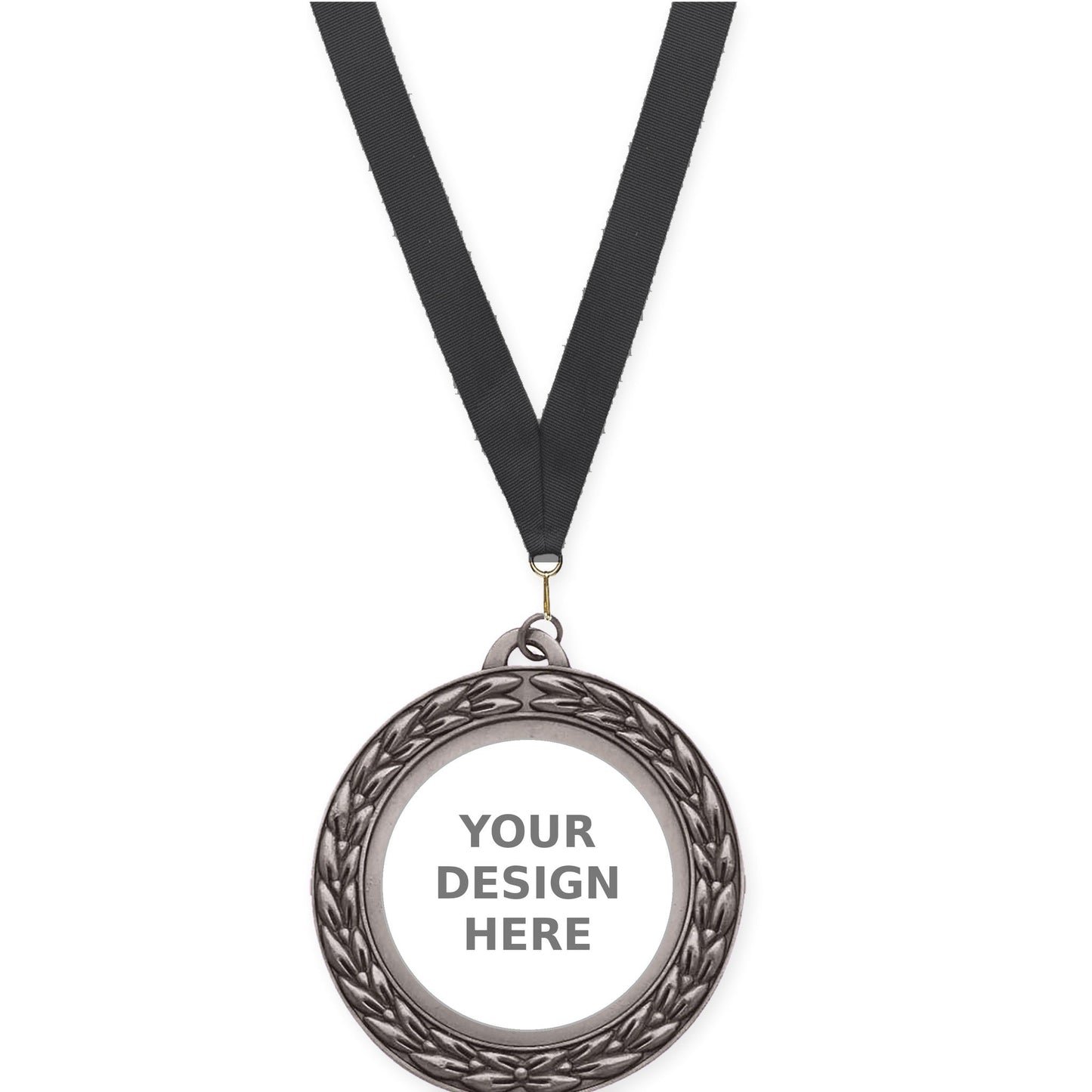 2 3/4 inch Victory Wreath insert medal in antique silver with Black neck ribbon