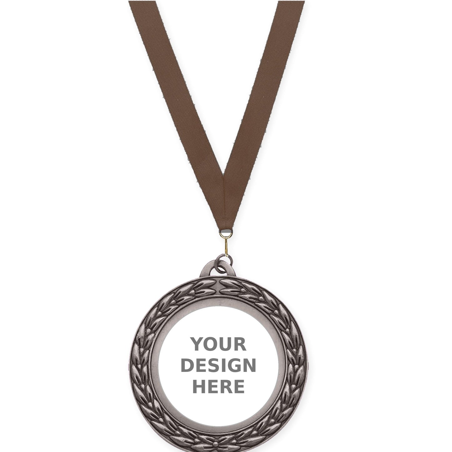 2 3/4 inch Victory Wreath insert medal in antique silver with Brown neck ribbon