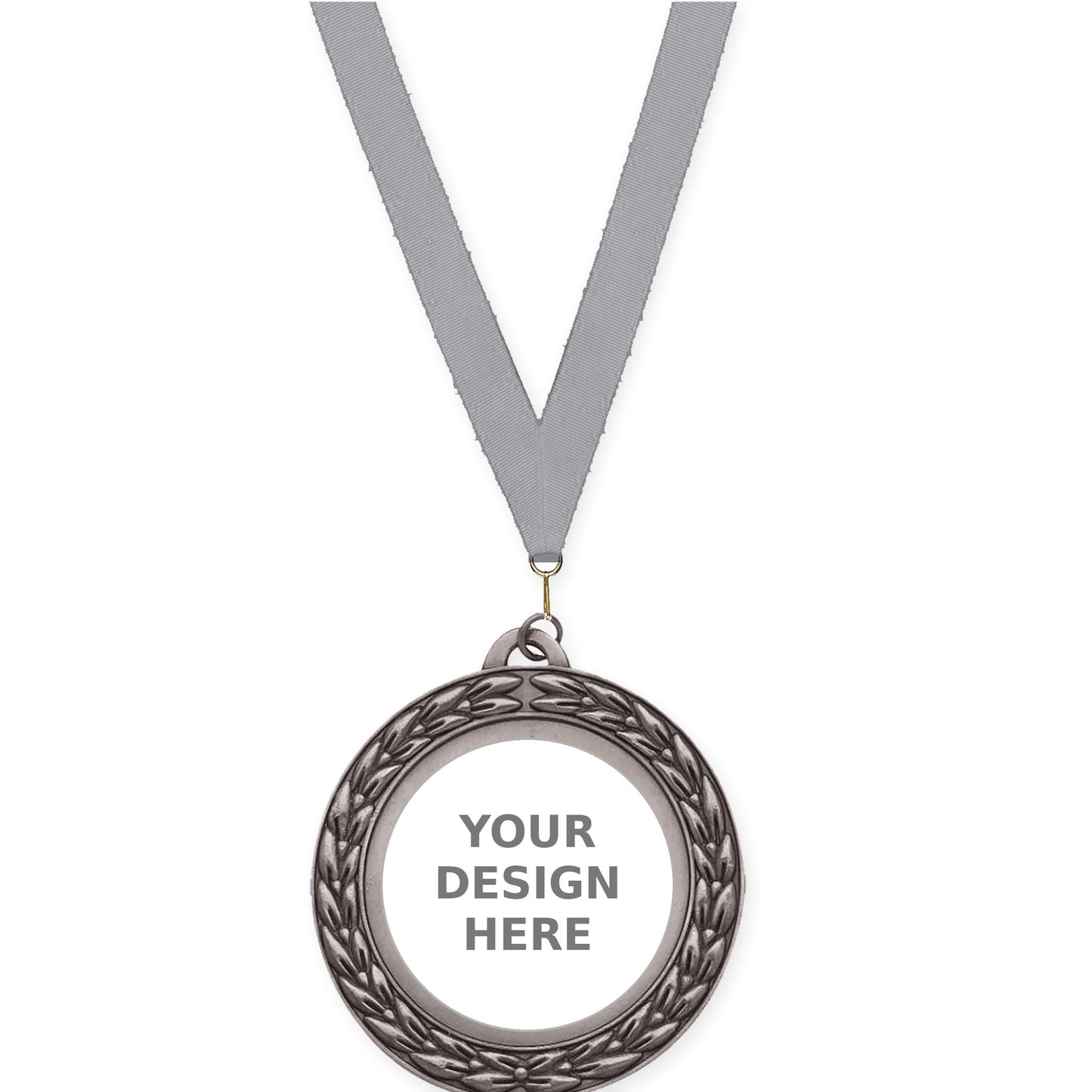 2 3/4 inch Victory Wreath insert medal in antique silver with Gray neck ribbon