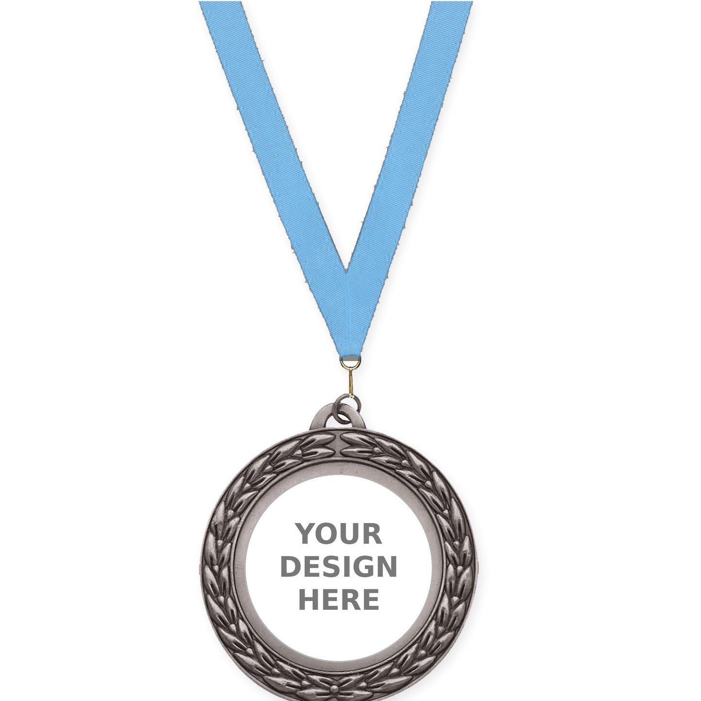 2 3/4 inch Victory Wreath insert medal in antique silver with Light Blue neck ribbon