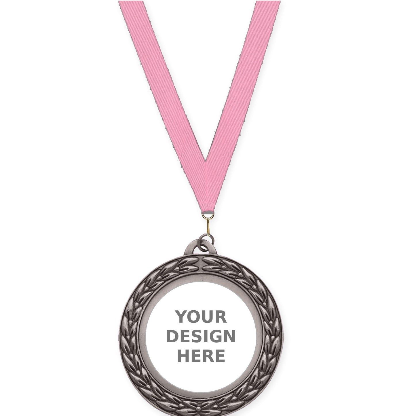 2 3/4 inch Victory Wreath insert medal in antique silver with Pink neck ribbon