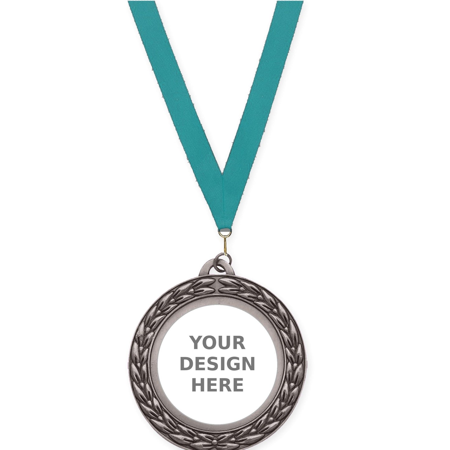 2 3/4 inch Victory Wreath insert medal in antique silver with Teal neck ribbon