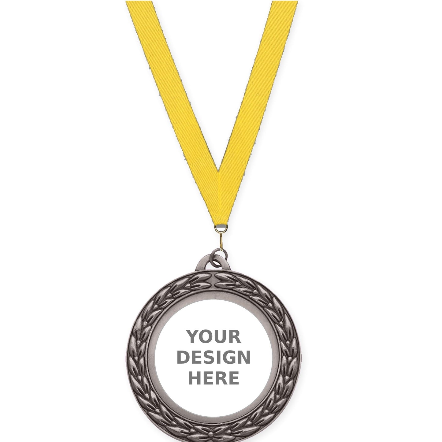 2 3/4 inch Victory Wreath insert medal in antique silver with Yellow neck ribbon