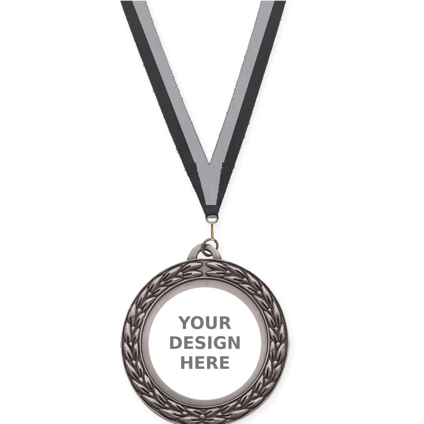 2 3/4 inch Victory Wreath insert medal in antique silver with Black Gray neck ribbon
