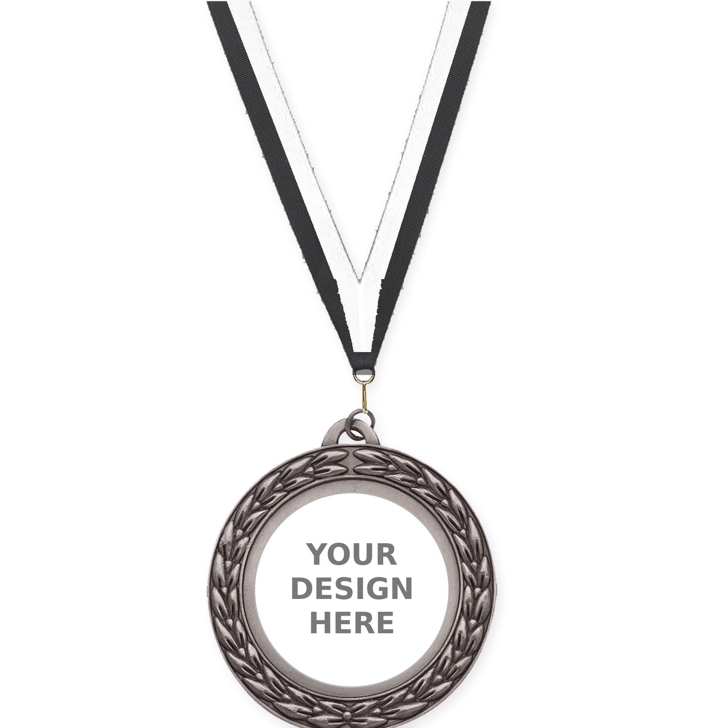 2 3/4 inch Victory Wreath insert medal in antique silver with Black White neck ribbon