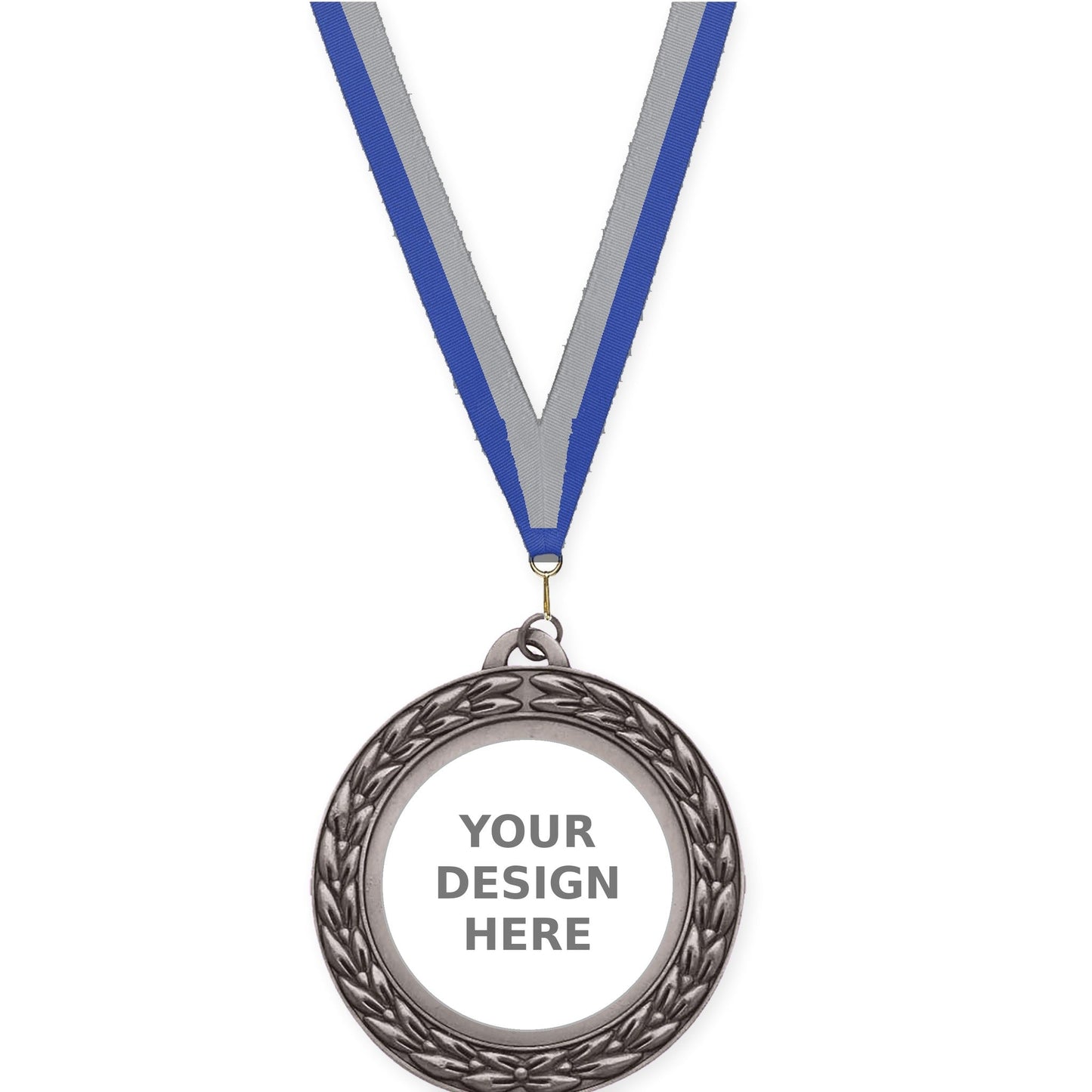 2 3/4 inch Victory Wreath insert medal in antique silver with Blue Gray neck ribbon