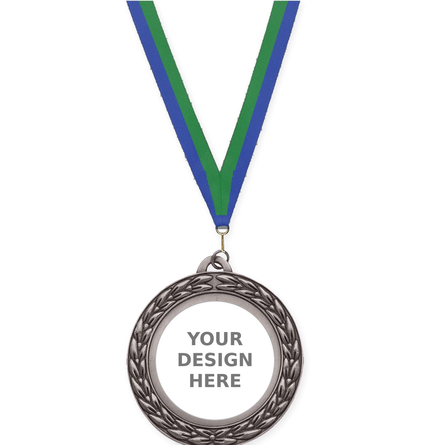 2 3/4 inch Victory Wreath insert medal in antique silver with Blue Green neck ribbon