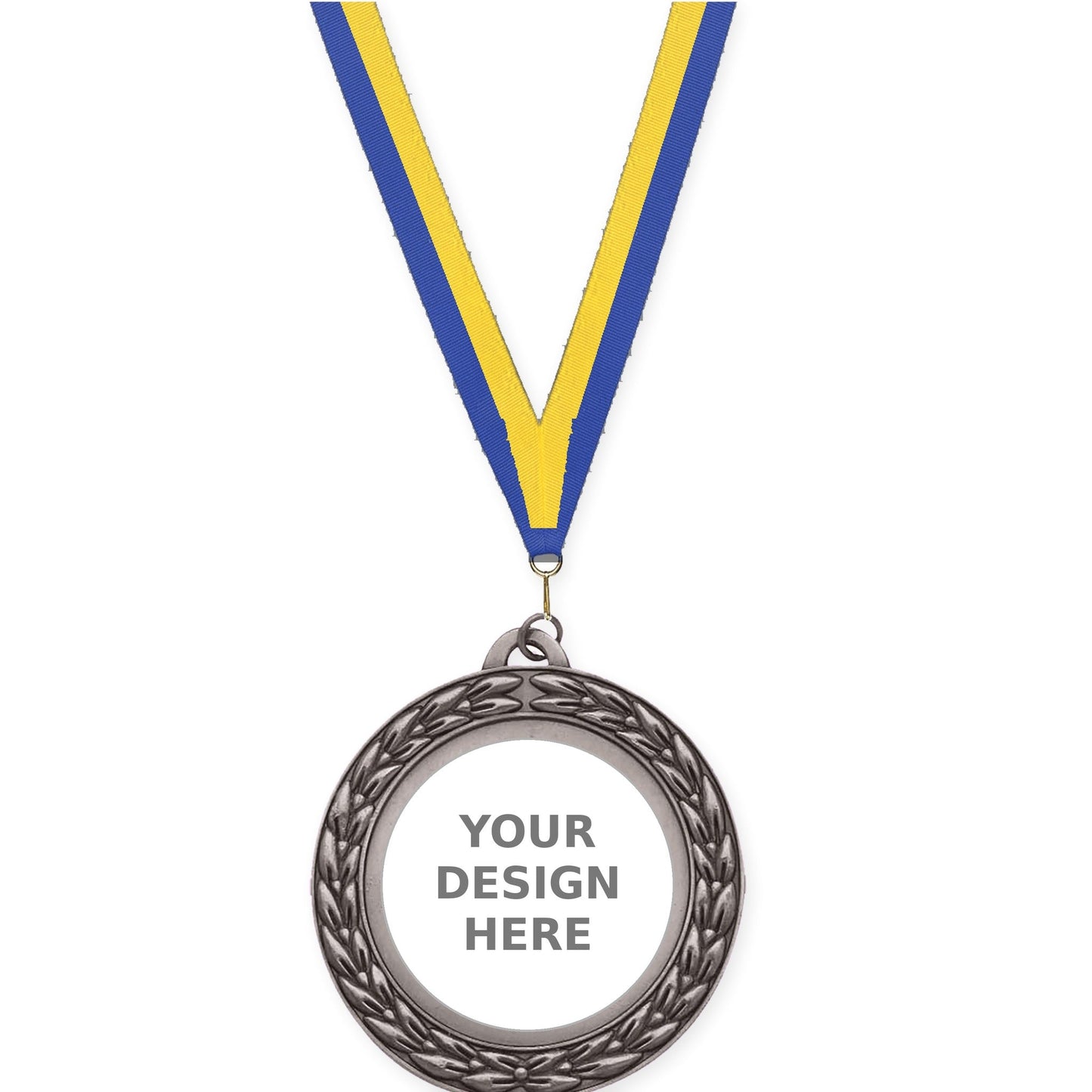 2 3/4 inch Victory Wreath insert medal in antique silver with Blue Yellow neck ribbon