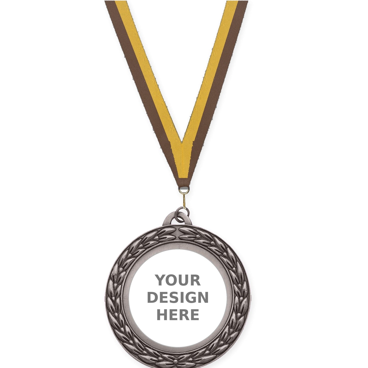 2 3/4 inch Victory Wreath insert medal in antique silver with Brown Gold neck ribbon