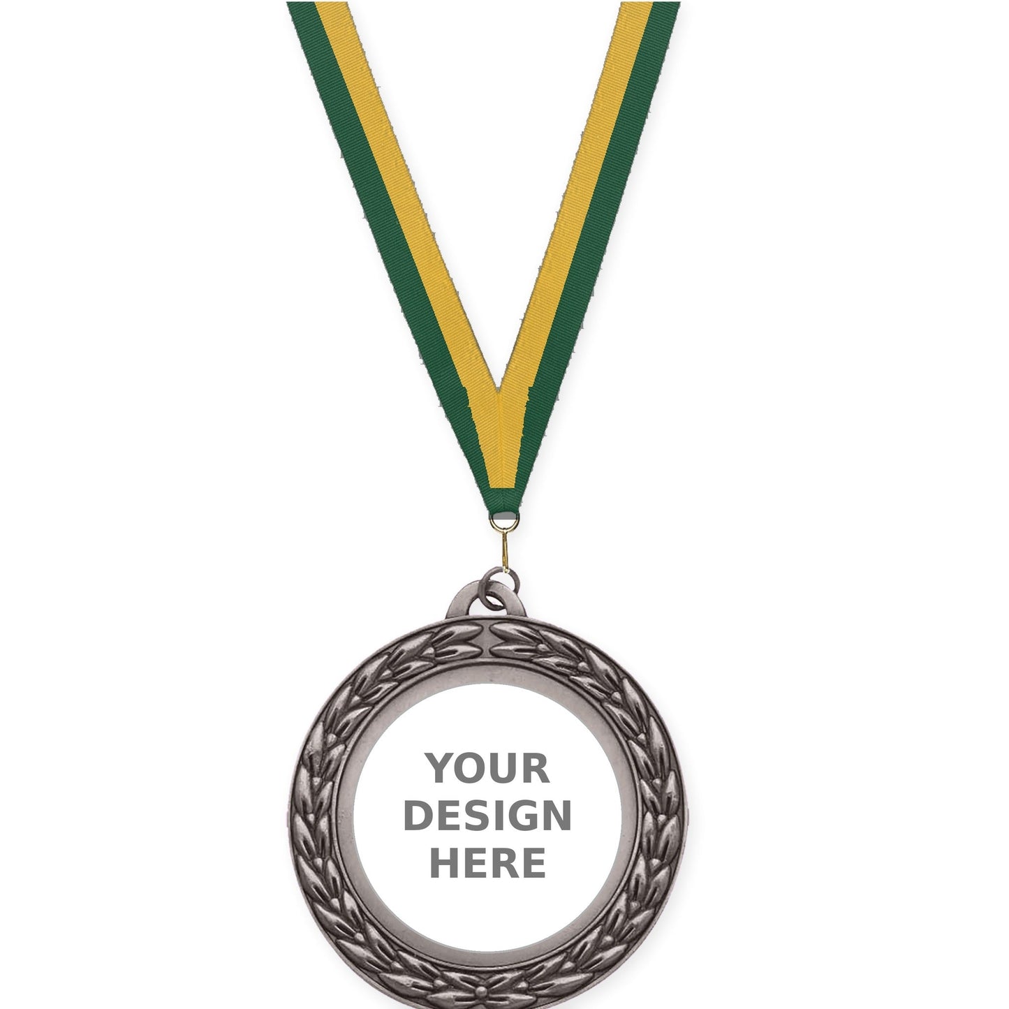 2 3/4 inch Victory Wreath insert medal in antique silver with Hunter Green Gold neck ribbon