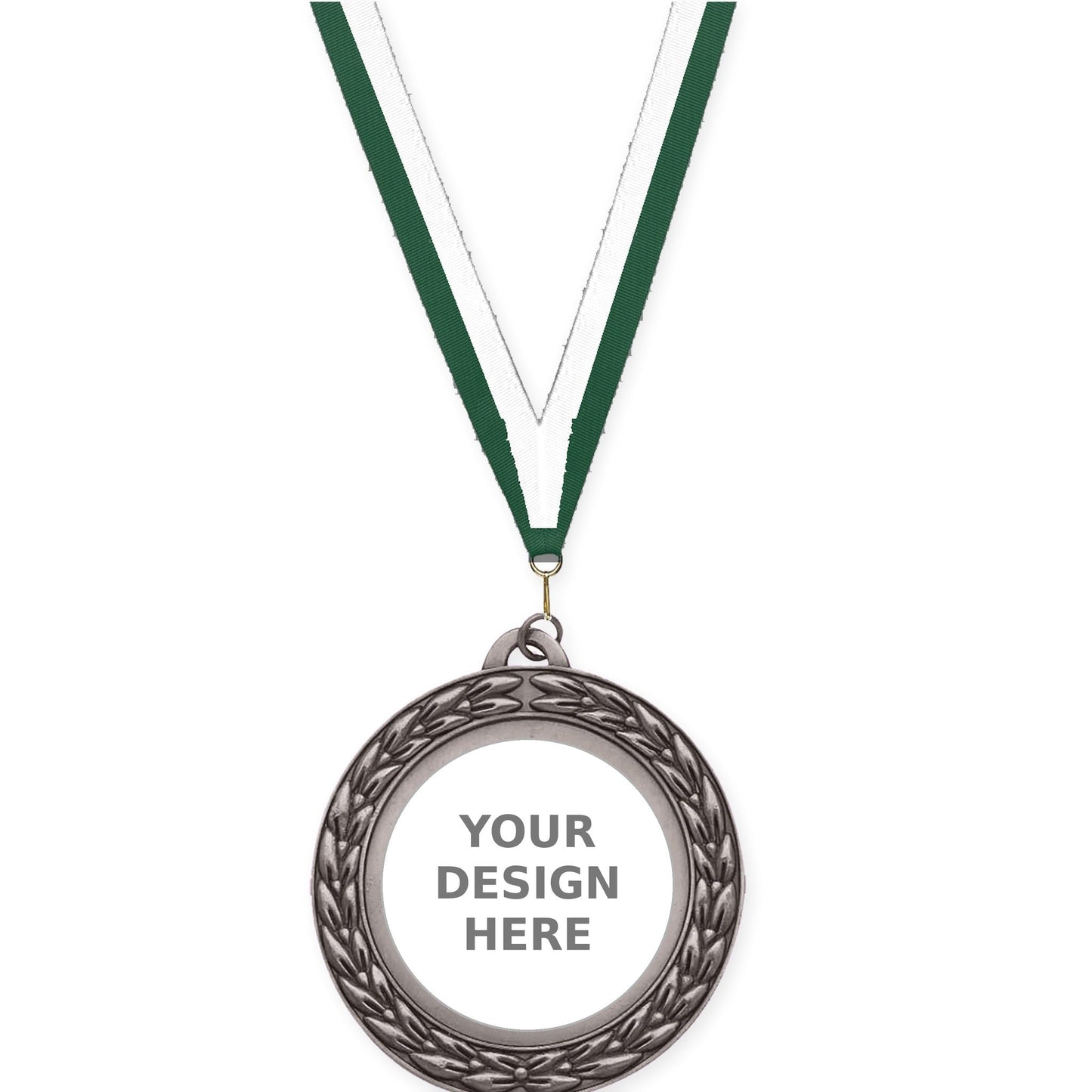 2 3/4 inch Victory Wreath insert medal in antique silver with Hunter Green White neck ribbon