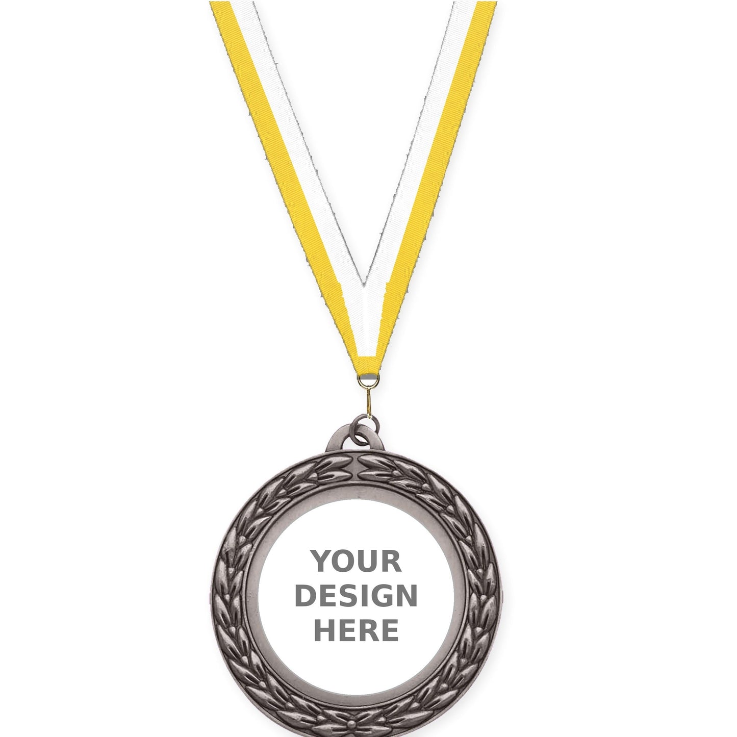 2 3/4 inch Victory Wreath insert medal in antique silver with Yellow White neck ribbon