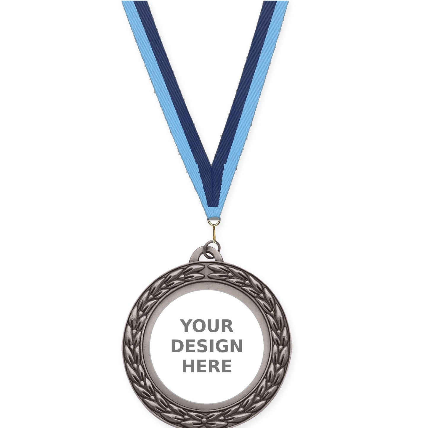2 3/4 inch Victory Wreath insert medal in antique silver with Light Blue Navy neck ribbon