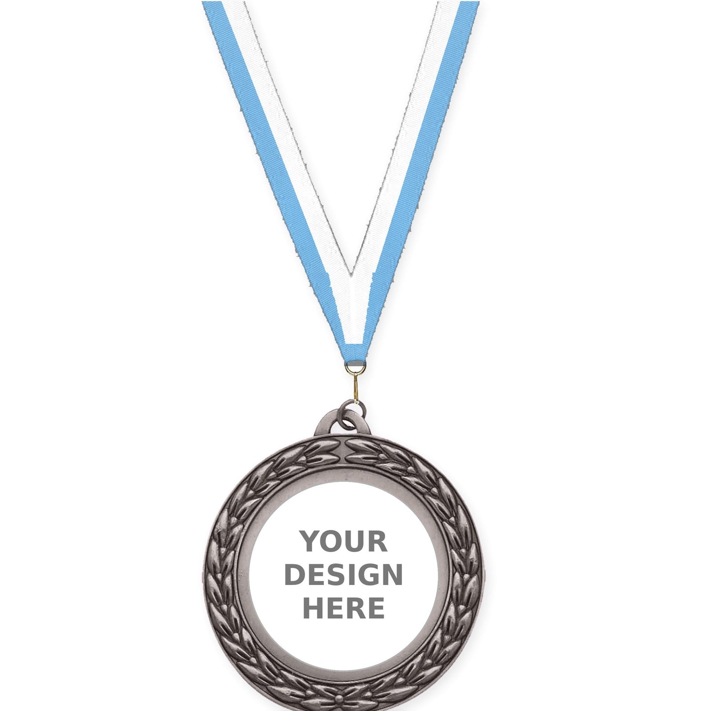 2 3/4 inch Victory Wreath insert medal in antique silver with Light Blue White neck ribbon