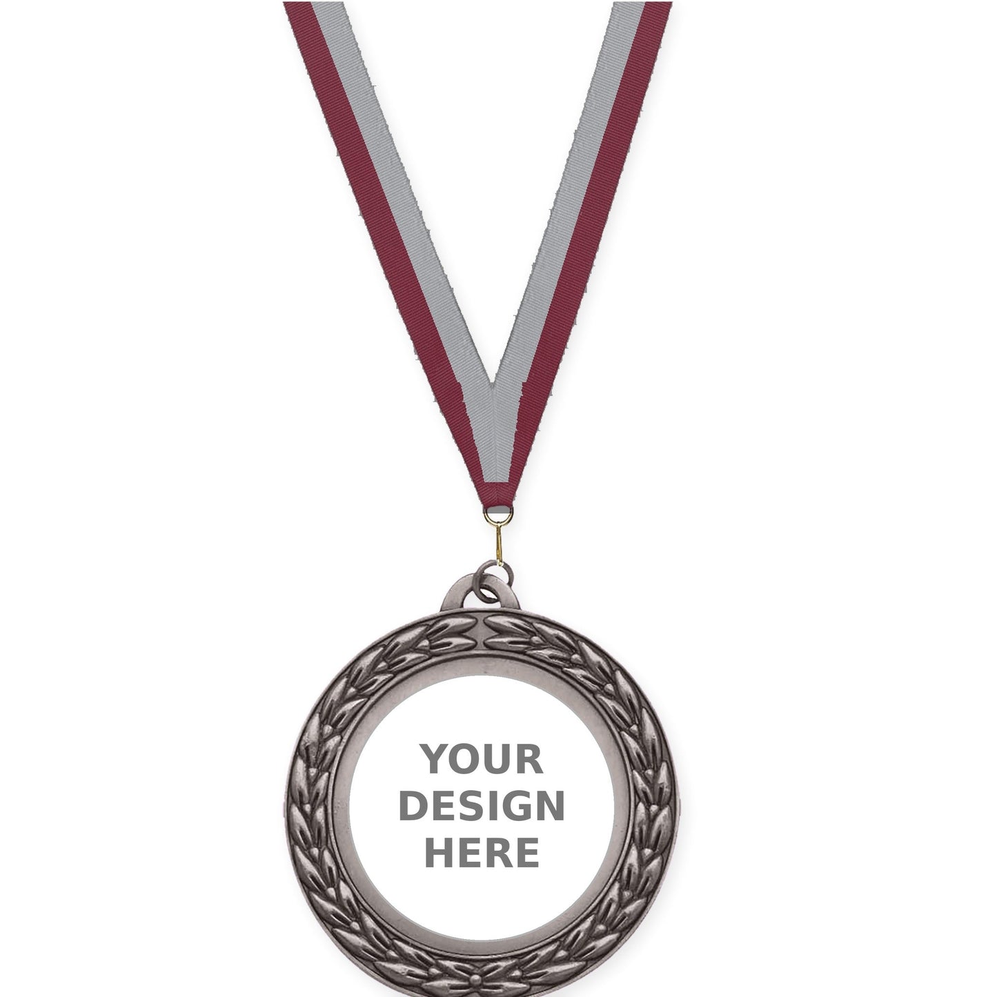 2 3/4 inch Victory Wreath insert medal in antique silver with Maroon Gray neck ribbon
