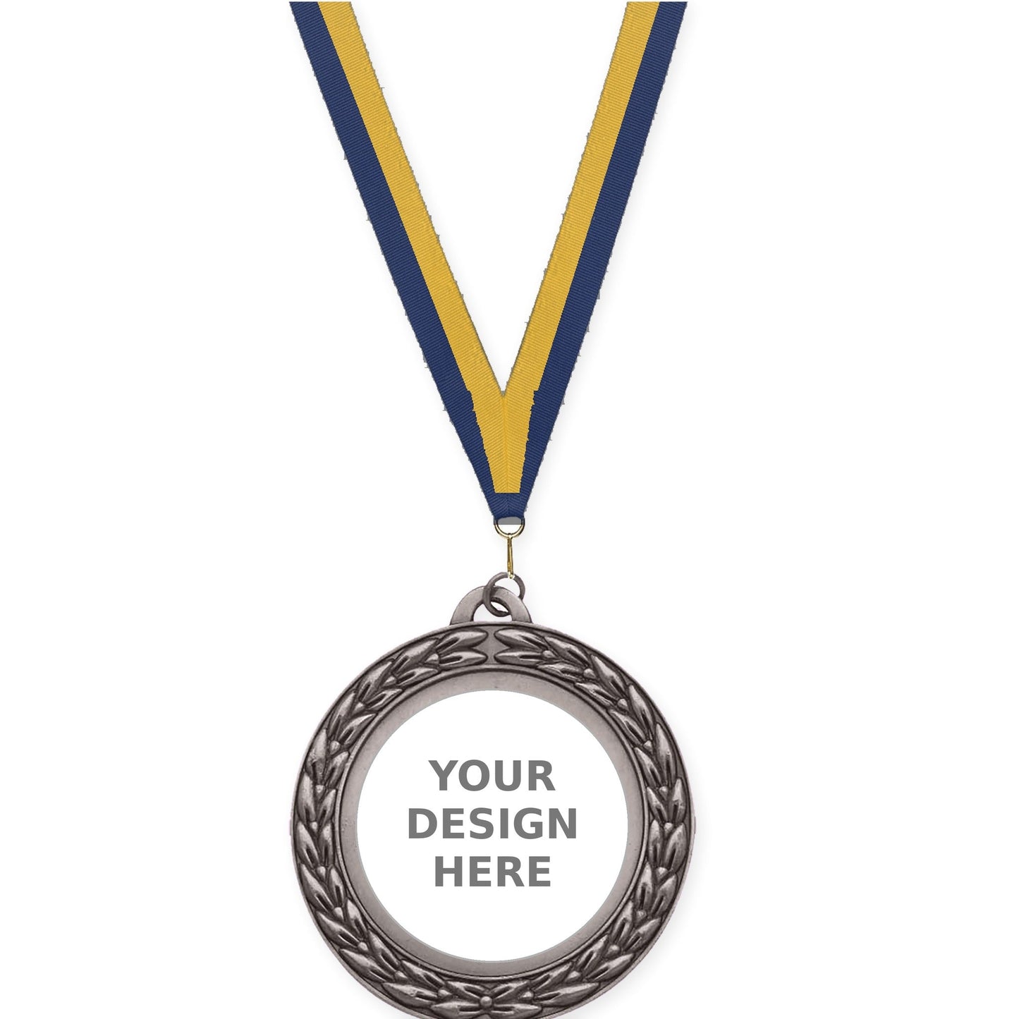 2 3/4 inch Victory Wreath insert medal in antique silver with Navy Gold neck ribbon