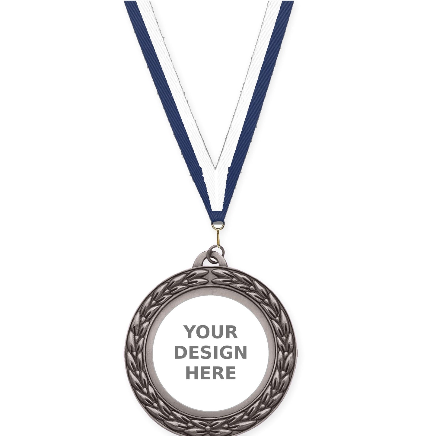 2 3/4 inch Victory Wreath insert medal in antique silver with Navy White neck ribbon