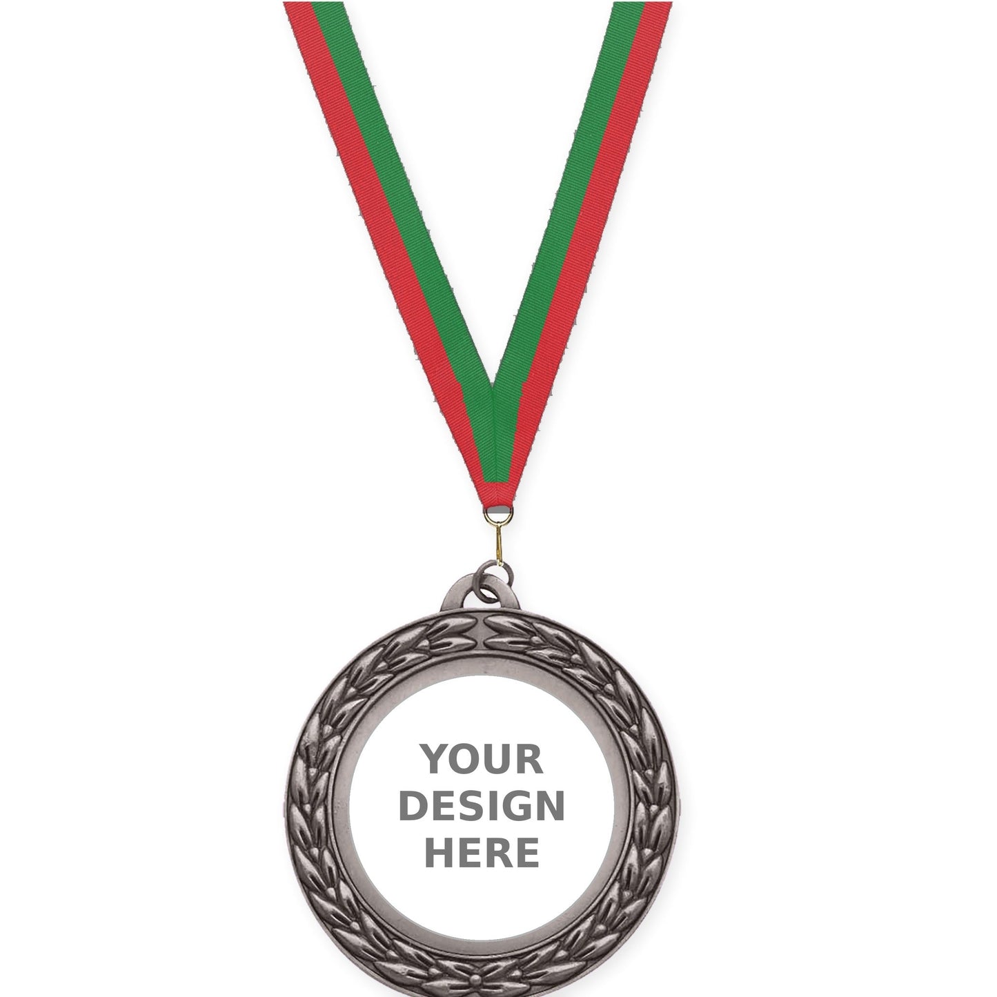 2 3/4 inch Victory Wreath insert medal in antique silver with Red Green neck ribbon