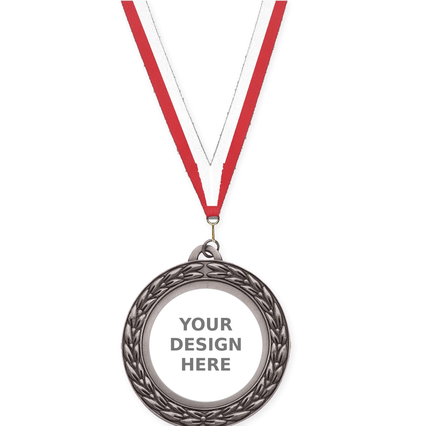 2 3/4 inch Victory Wreath insert medal in antique silver with Red White neck ribbon