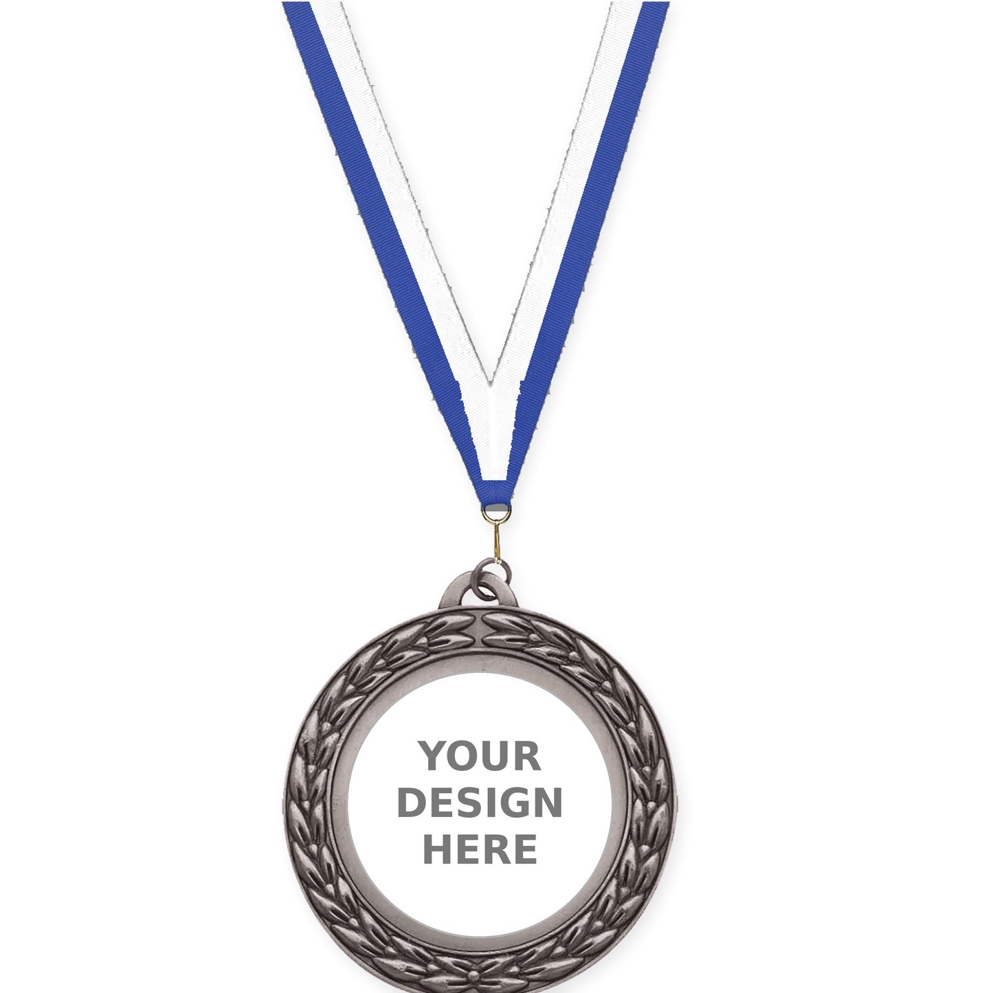 2 3/4 inch Victory Wreath insert medal in antique silver with Blue White neck ribbon