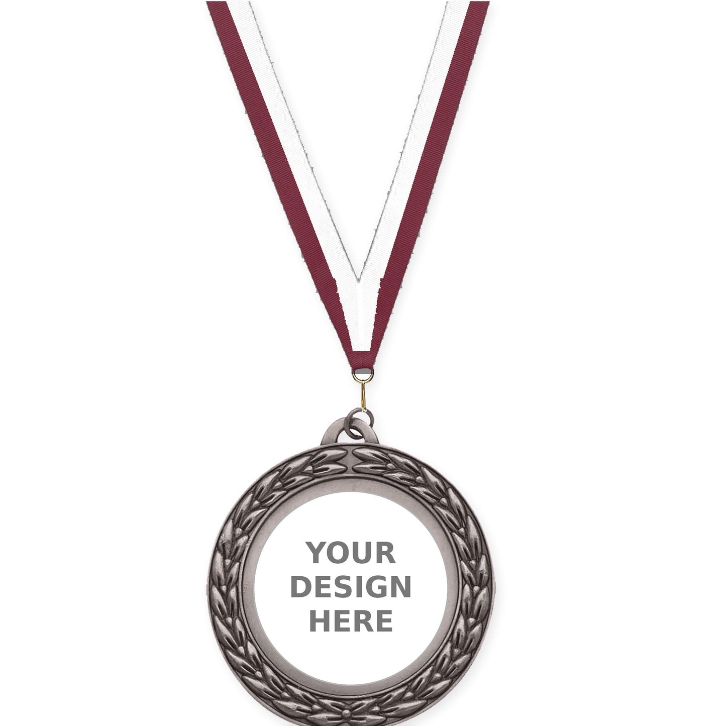 2 3/4 inch Victory Wreath insert medal in antique silver with Maroon White neck ribbon