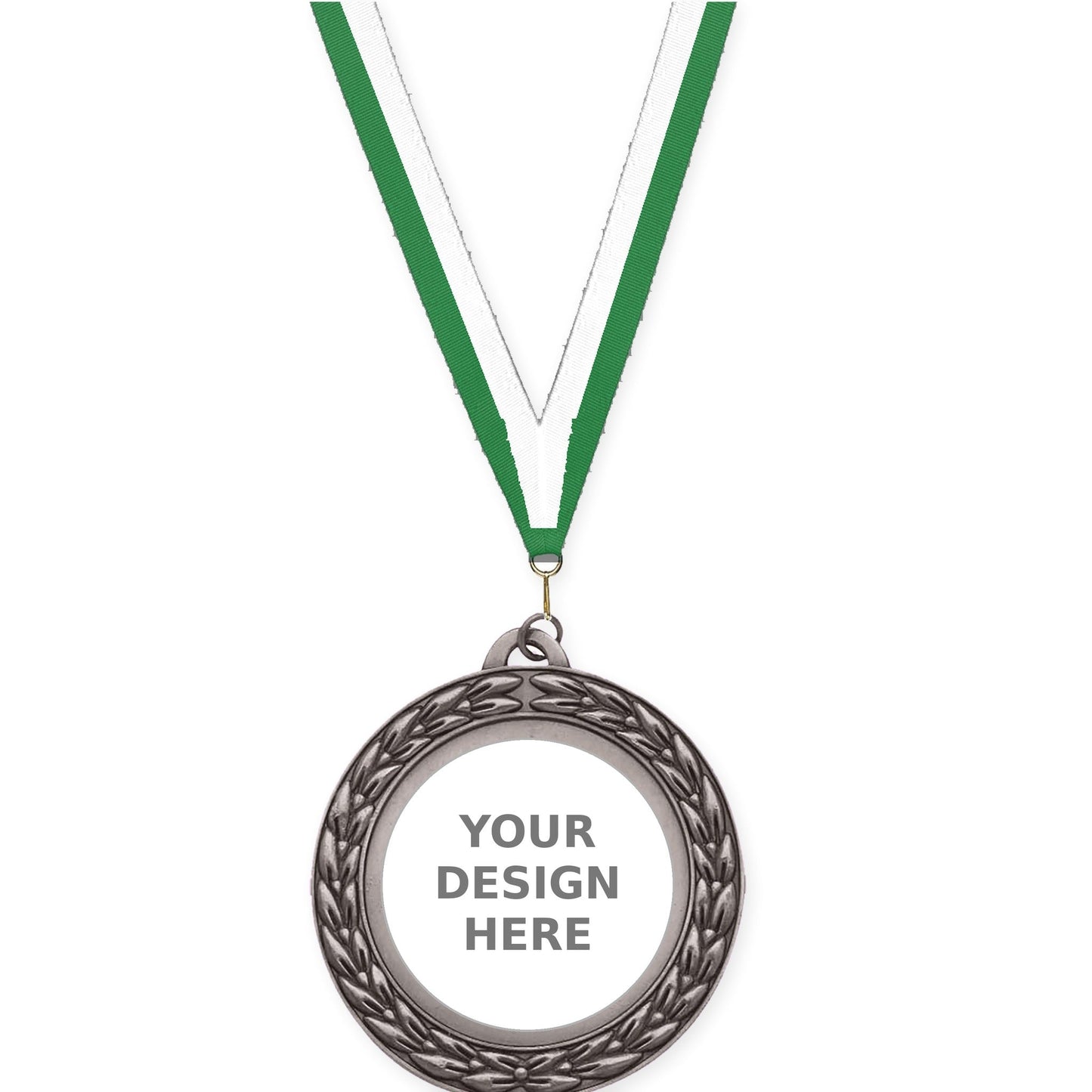2 3/4 inch Victory Wreath insert medal in antique silver with Green White neck ribbon