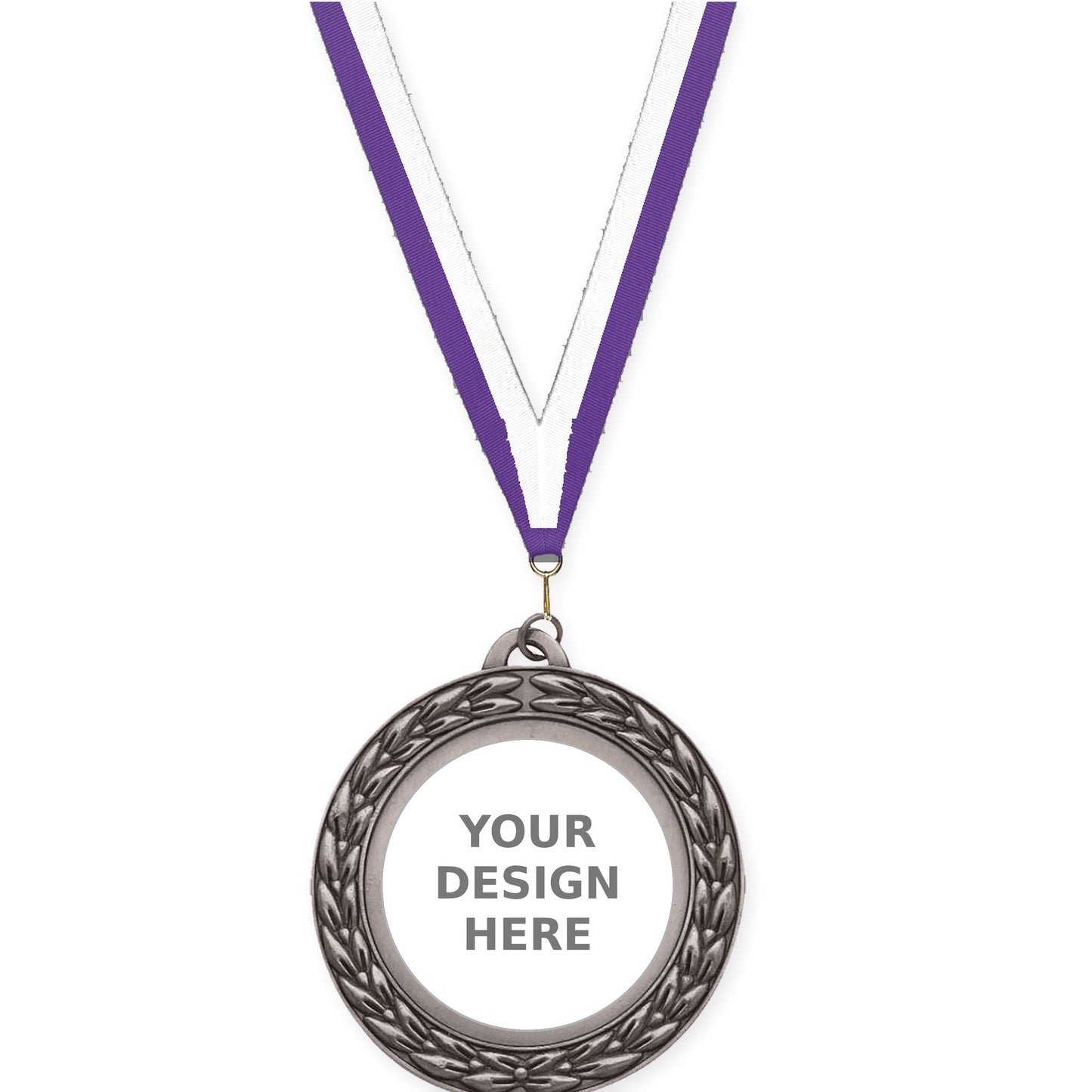 2 3/4 inch Victory Wreath insert medal in antique silver with Purple White neck ribbon