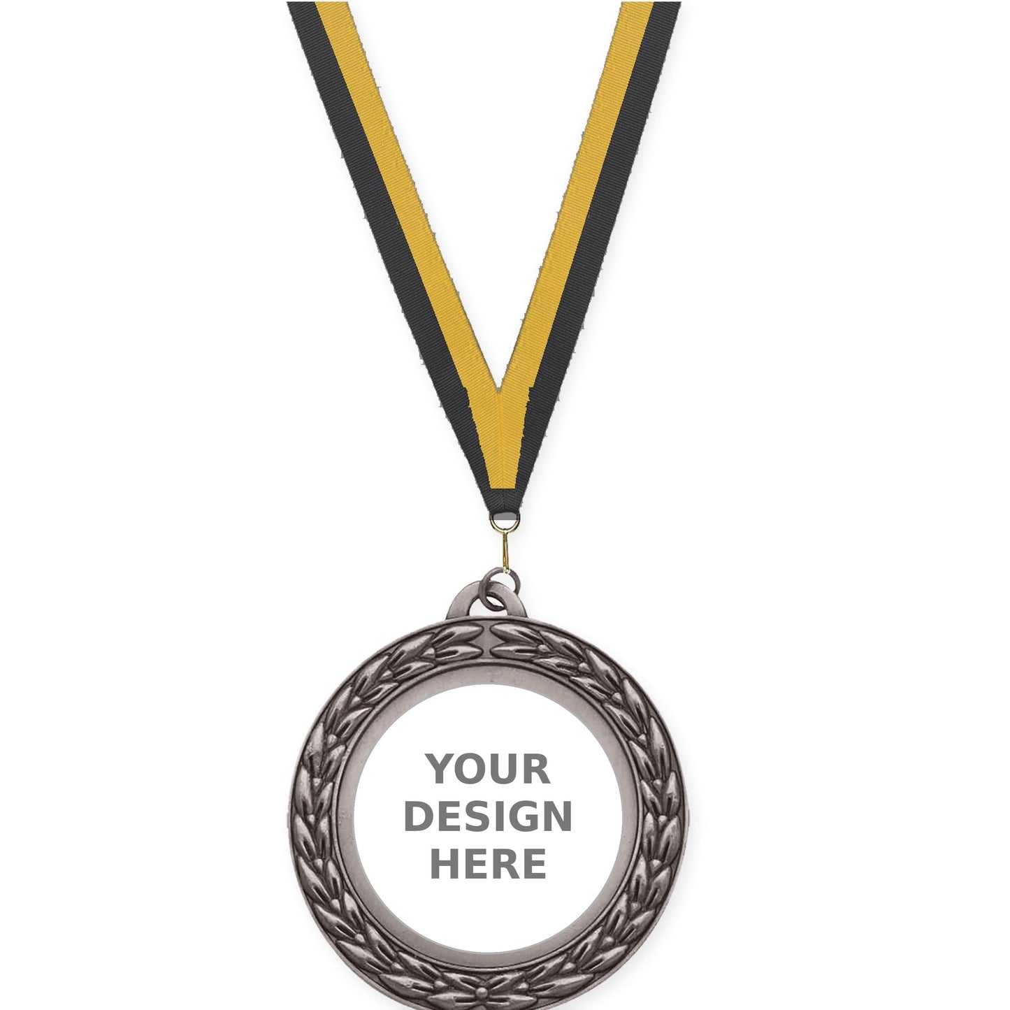 2 3/4 inch Victory Wreath insert medal in antique silver with Black Gold neck ribbon